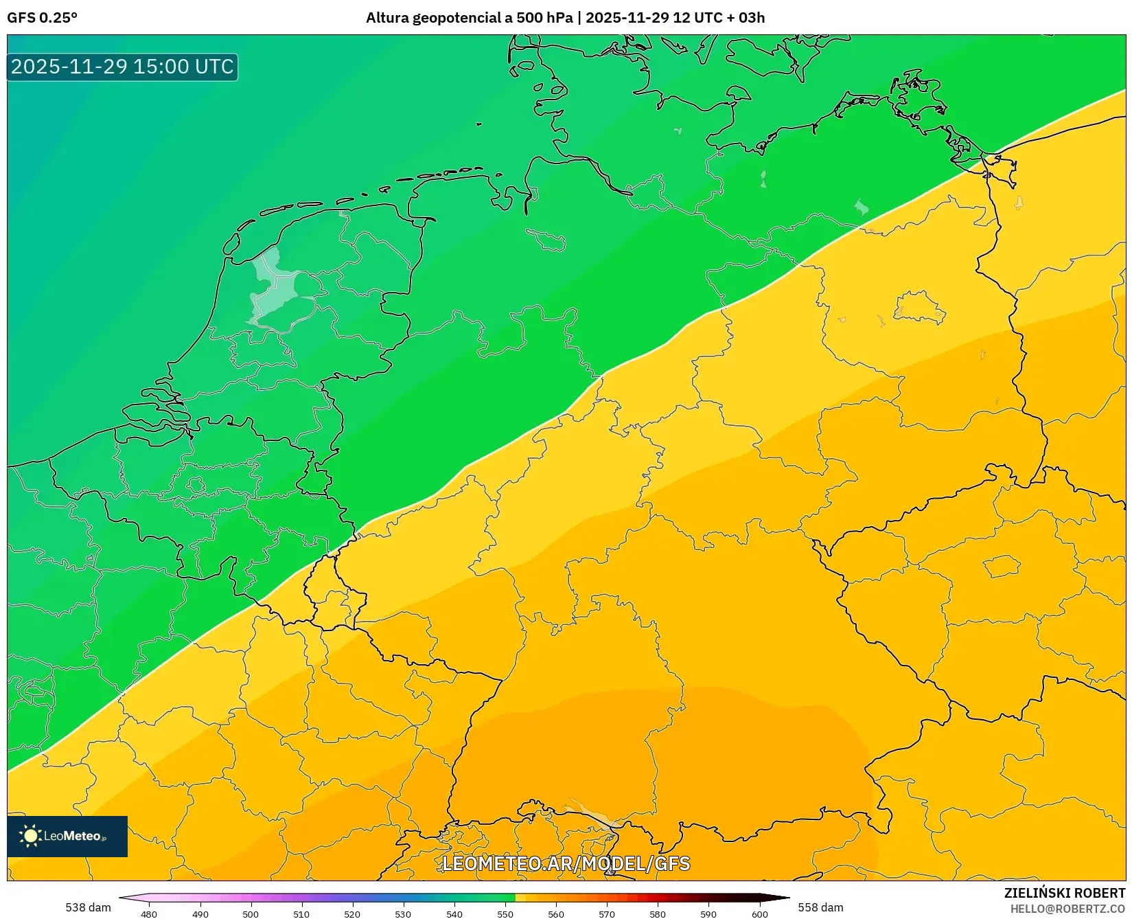 GFS model - Alemania, Altura geopotencial a 500 hPa