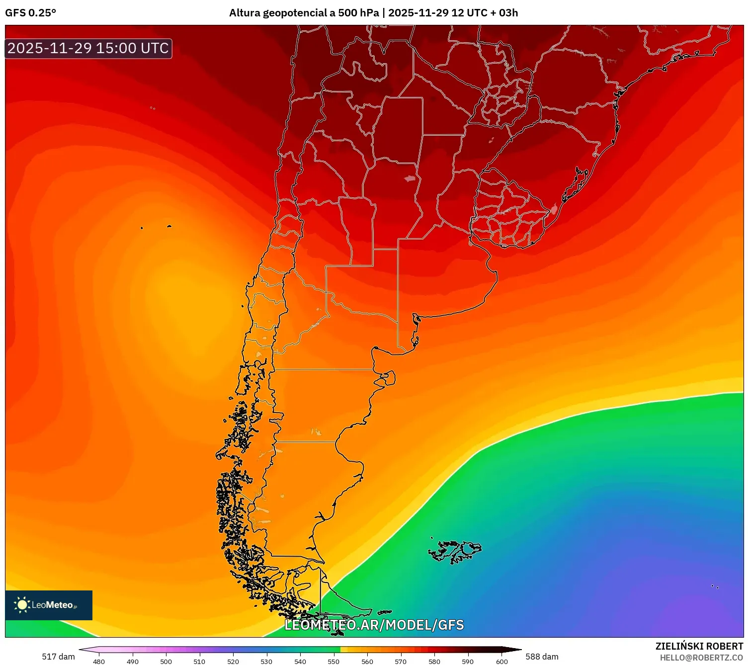 GFS model - Argentina, Altura geopotencial a 500 hPa
