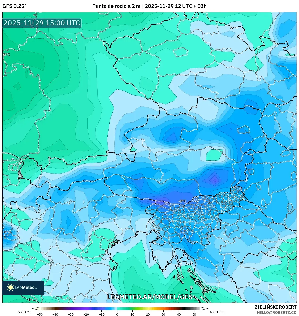 GFS model - Austria, Punto de rocío a 2 m