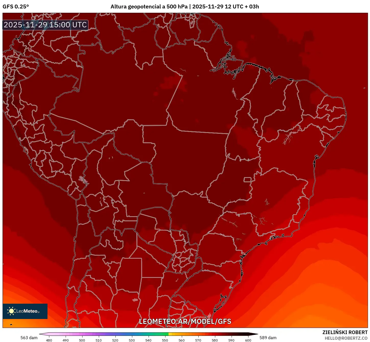 GFS model - Brasil, Altura geopotencial a 500 hPa