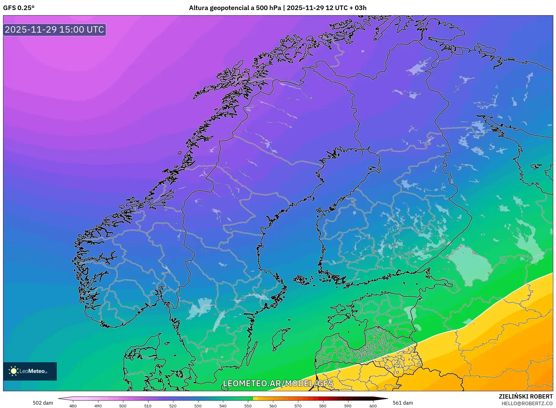 GFS model - Escandinavia, Altura geopotencial a 500 hPa