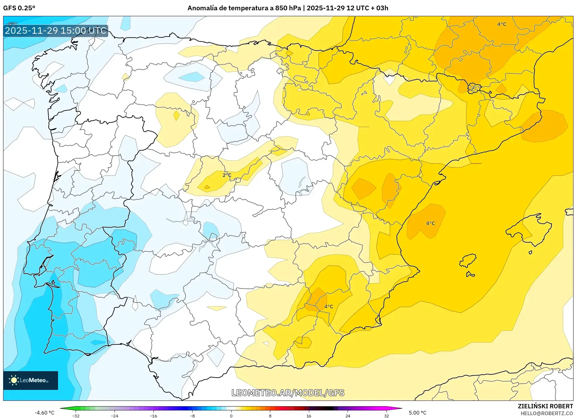 GFS model - España, Anomalía de temperatura a 850 hPa