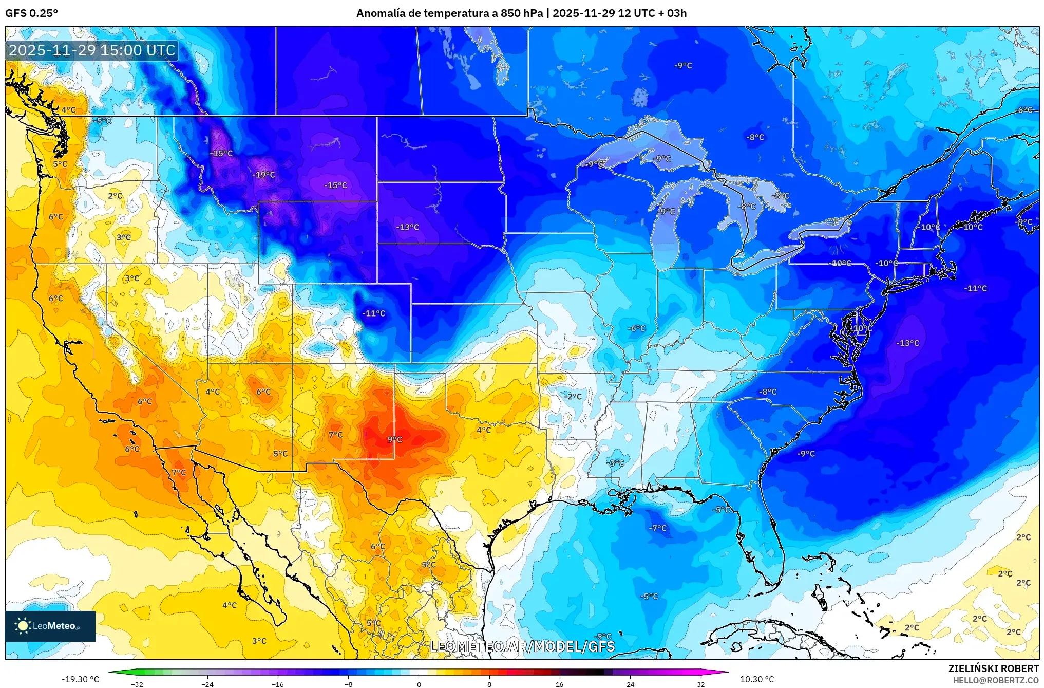 GFS model - Estados Unidos, Anomalía de temperatura a 850 hPa