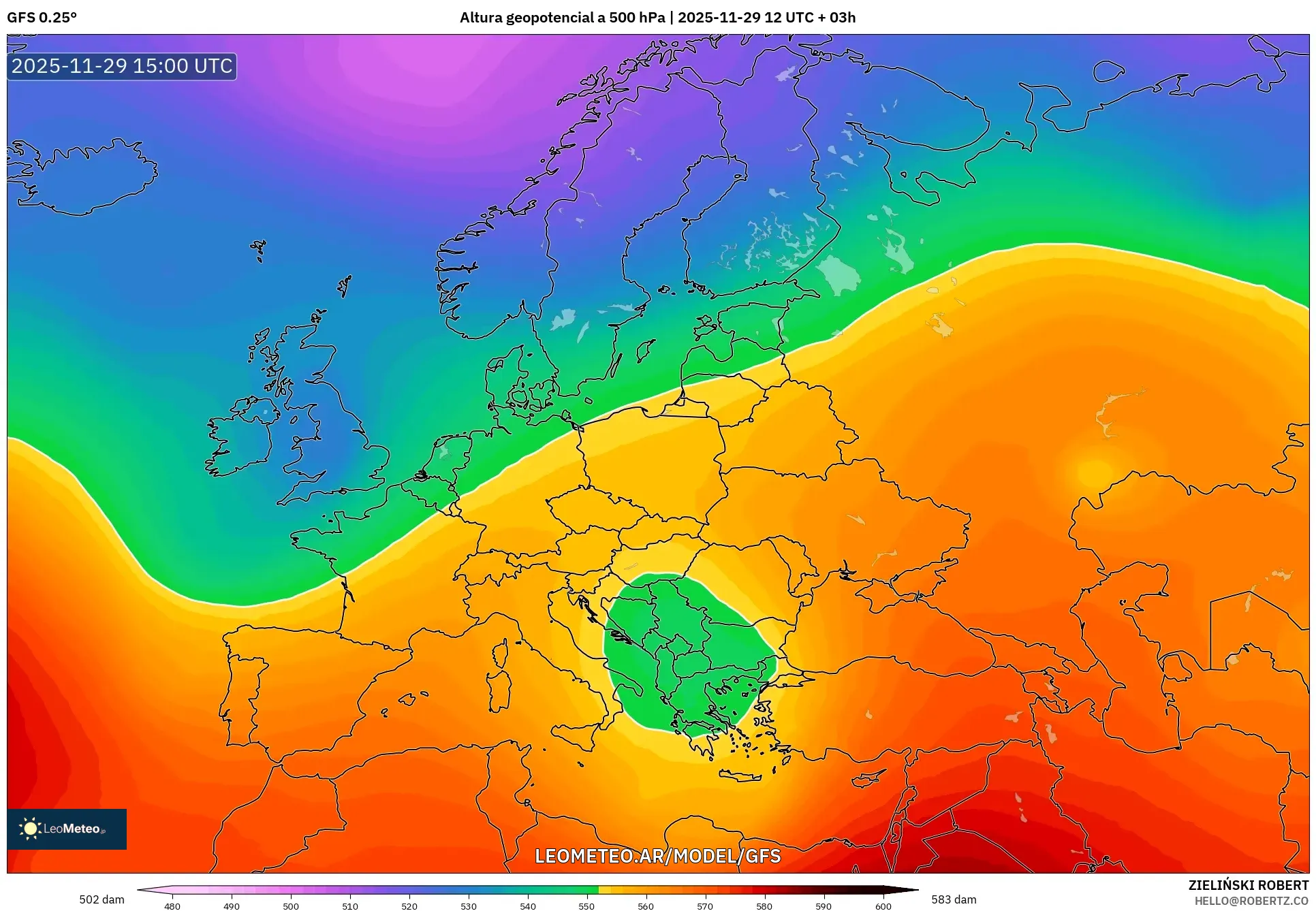GFS model - Europa, Altura geopotencial a 500 hPa