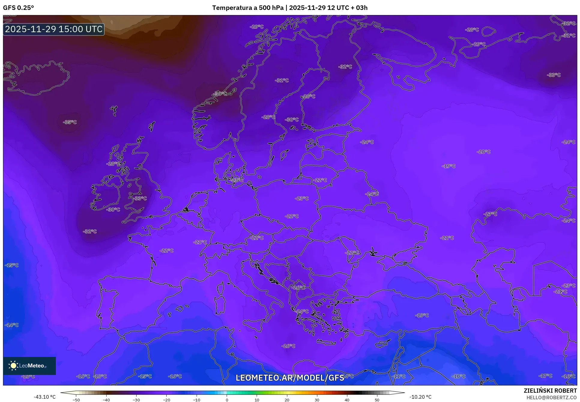 GFS model - Europa, Temperatura a 500 hPa