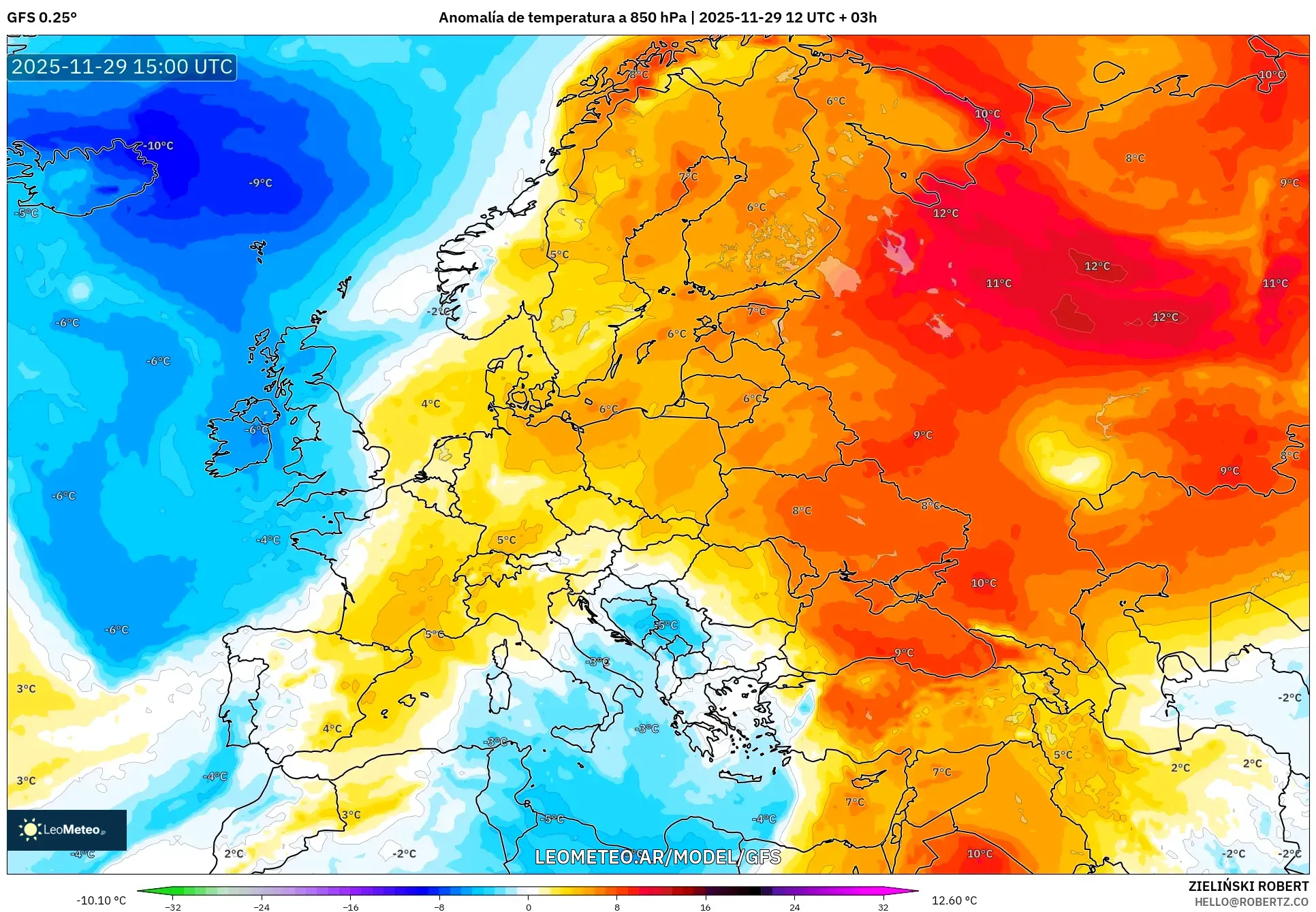 GFS model - Europa, Anomalía de temperatura a 850 hPa