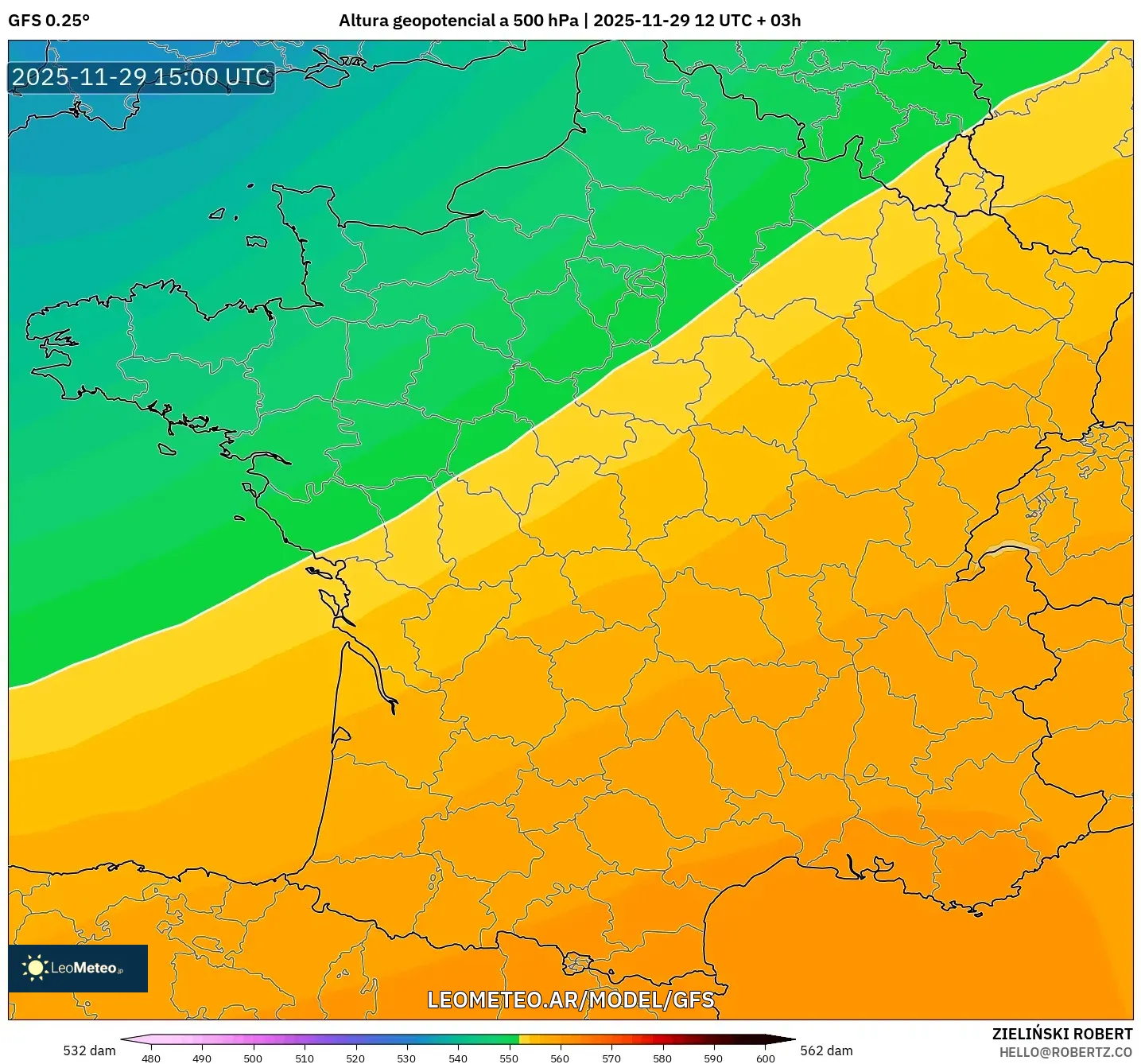GFS model - Francia, Altura geopotencial a 500 hPa