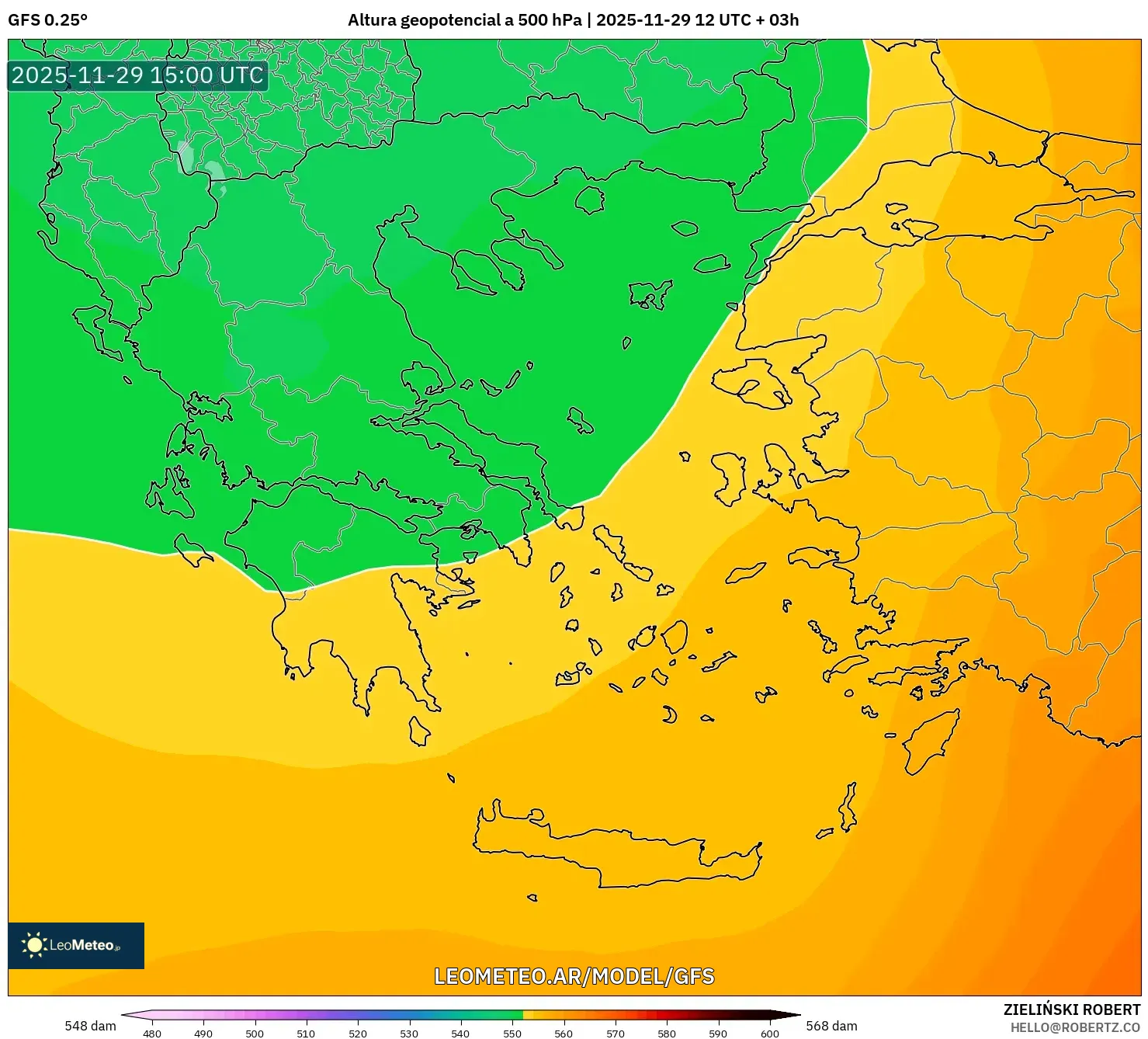 GFS model - Grecia, Altura geopotencial a 500 hPa