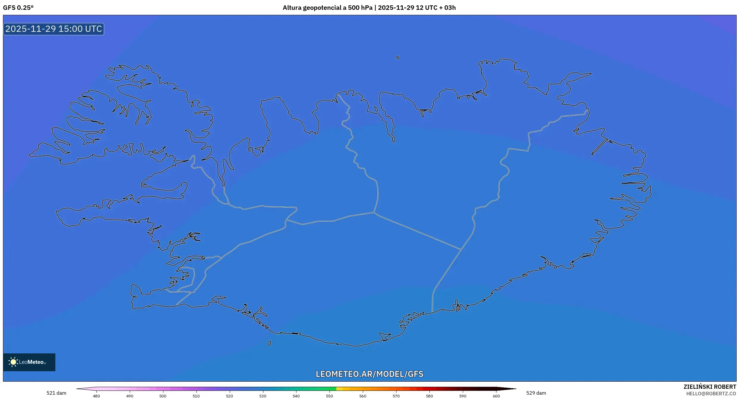 GFS model - Islandia, Altura geopotencial a 500 hPa