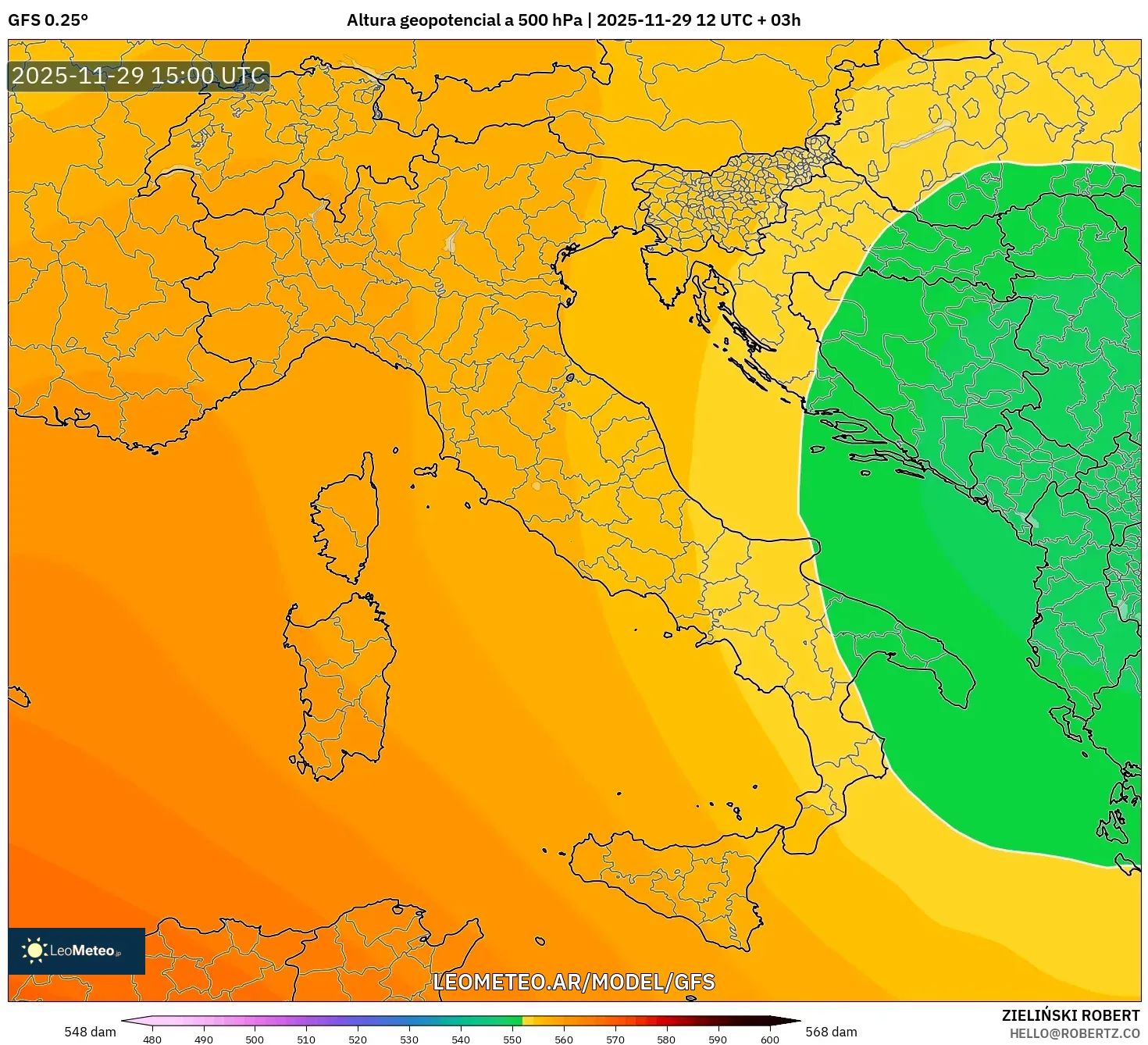 GFS model - Italia, Altura geopotencial a 500 hPa