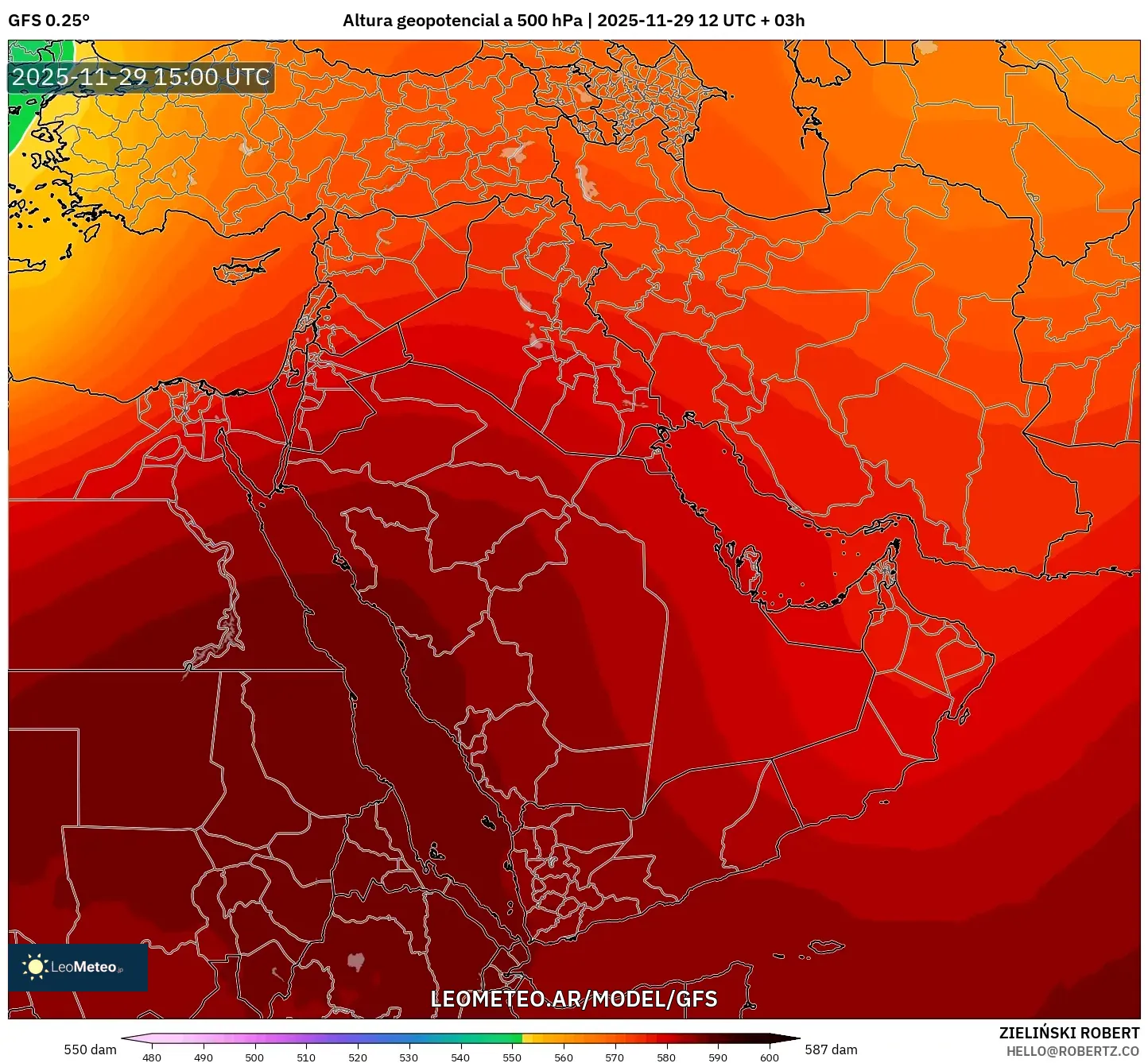 GFS model - Oriente Medio, Altura geopotencial a 500 hPa