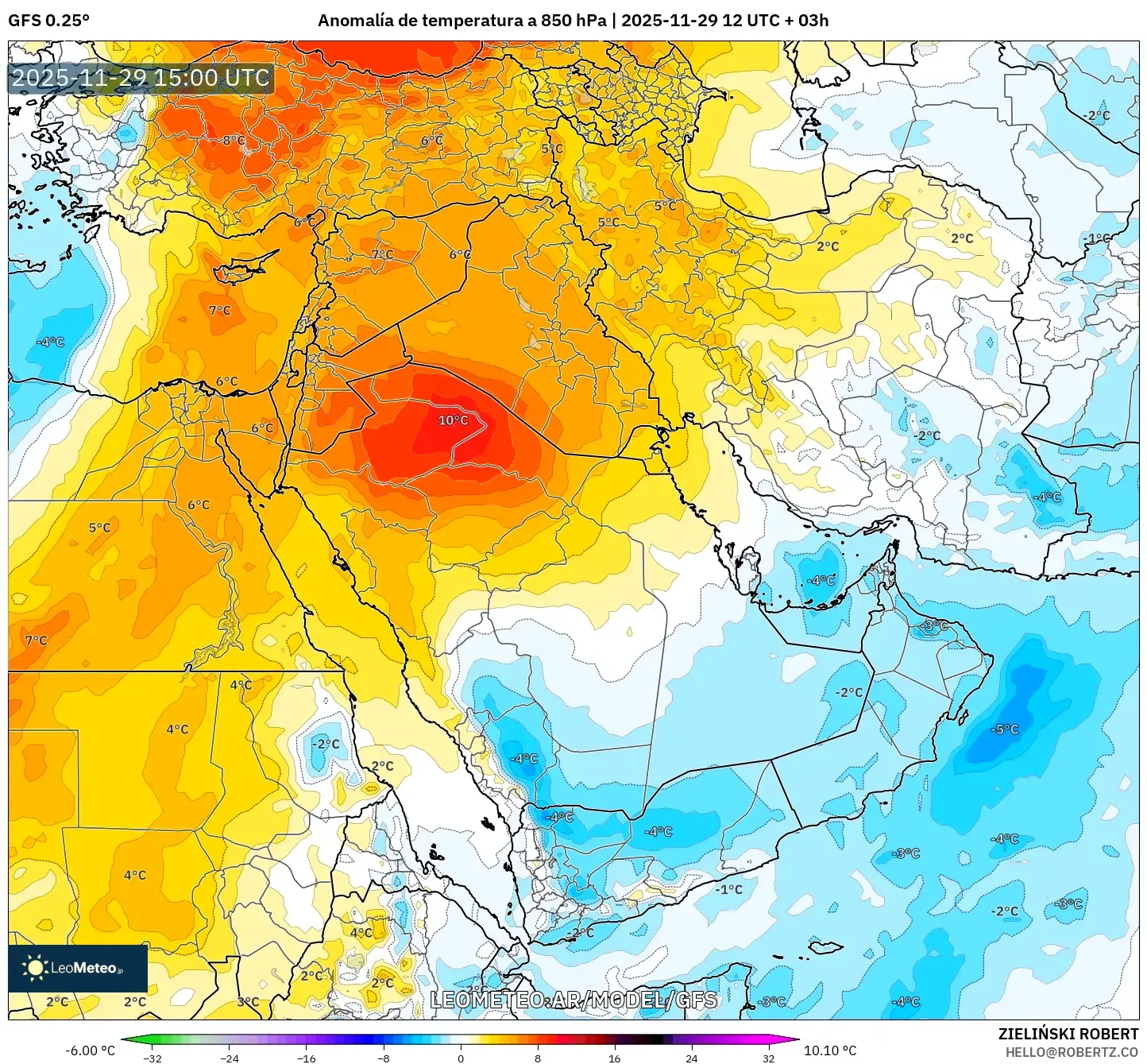 GFS model - Oriente Medio, Anomalía de temperatura a 850 hPa