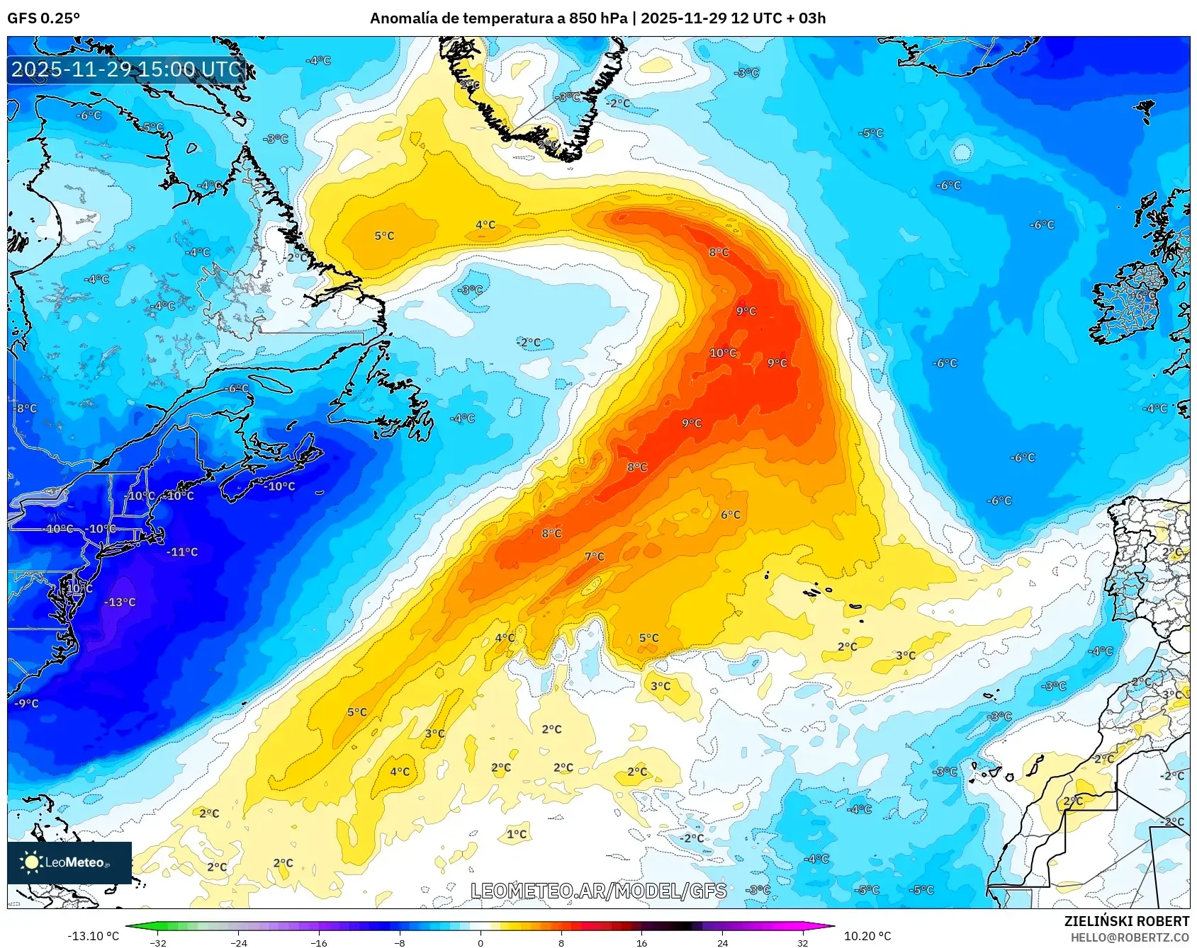 GFS model - Norte Atlántico, Anomalía de temperatura a 850 hPa