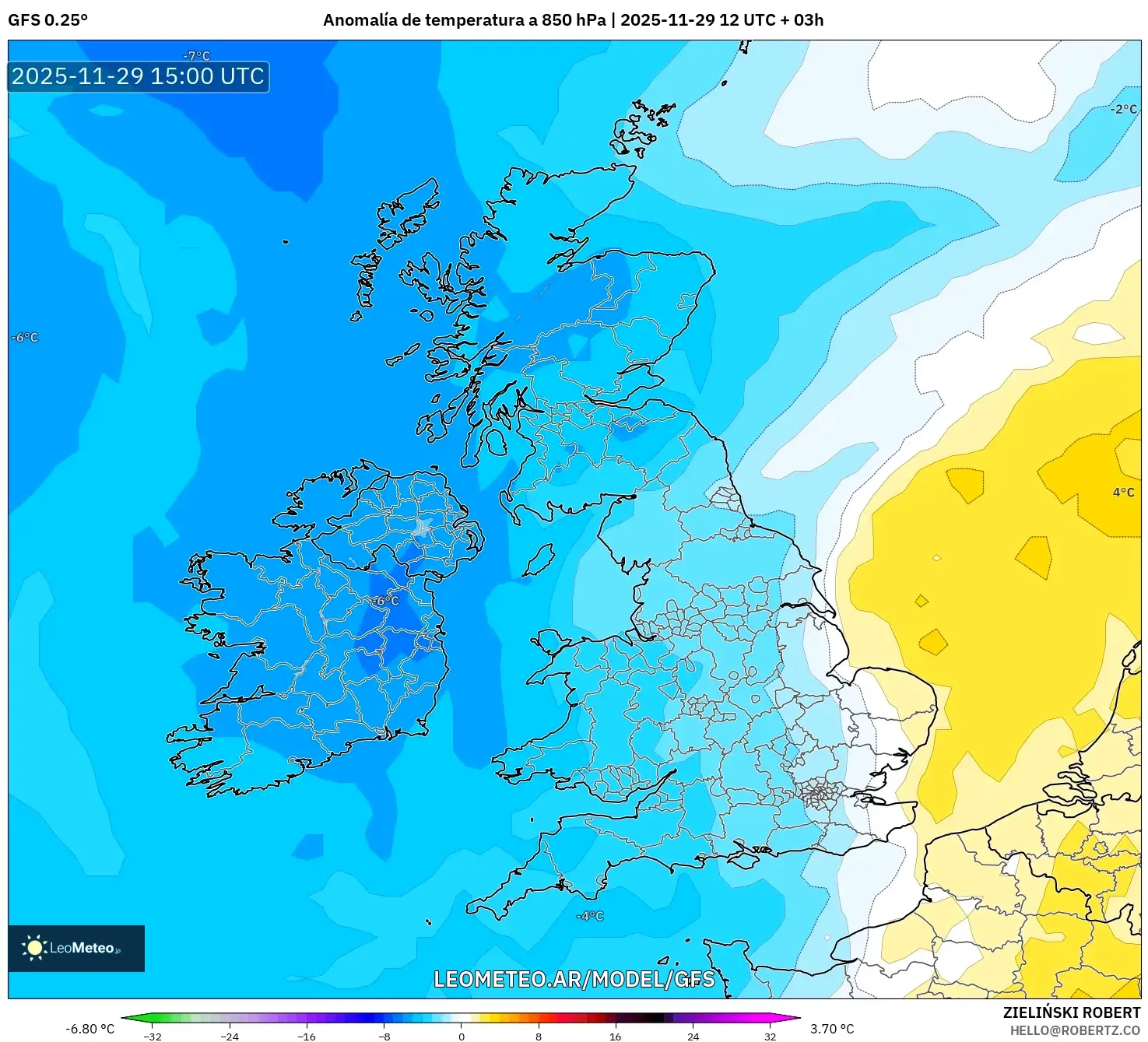 GFS model - Reino Unido, Anomalía de temperatura a 850 hPa