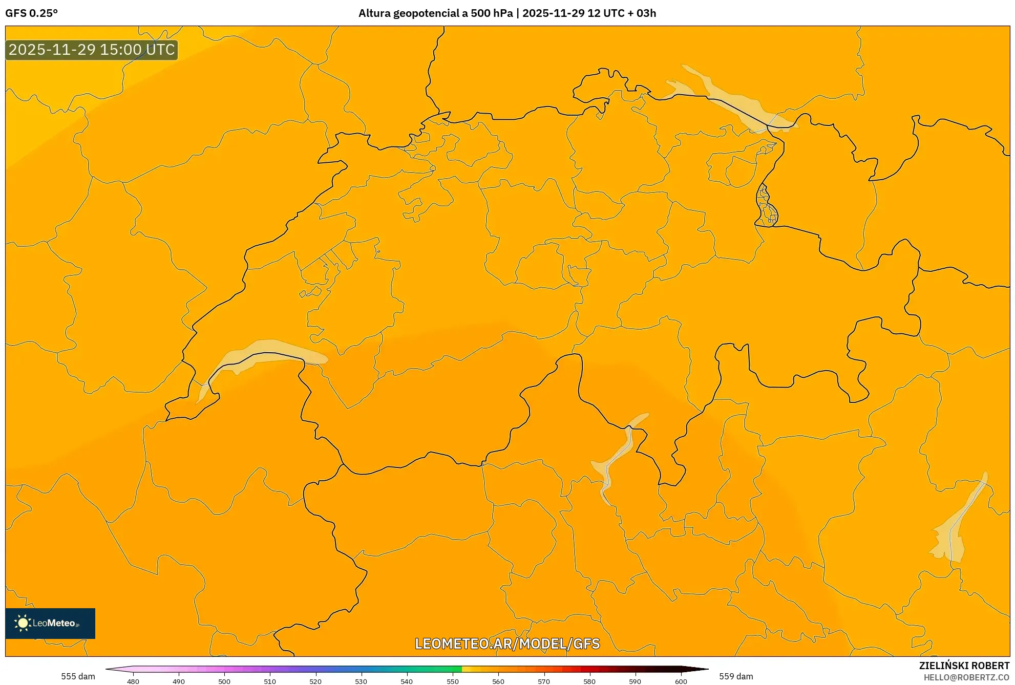 GFS model - Suiza, Altura geopotencial a 500 hPa
