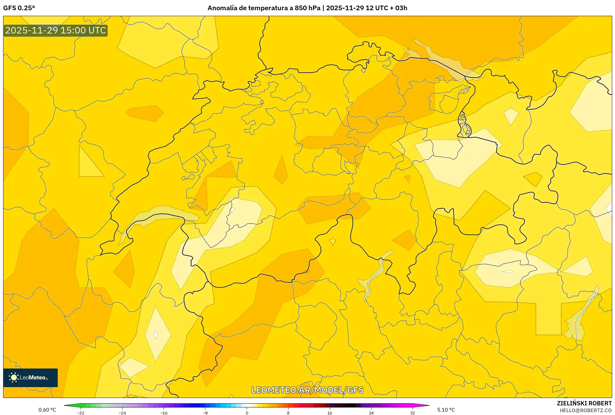 GFS model - Suiza, Anomalía de temperatura a 850 hPa