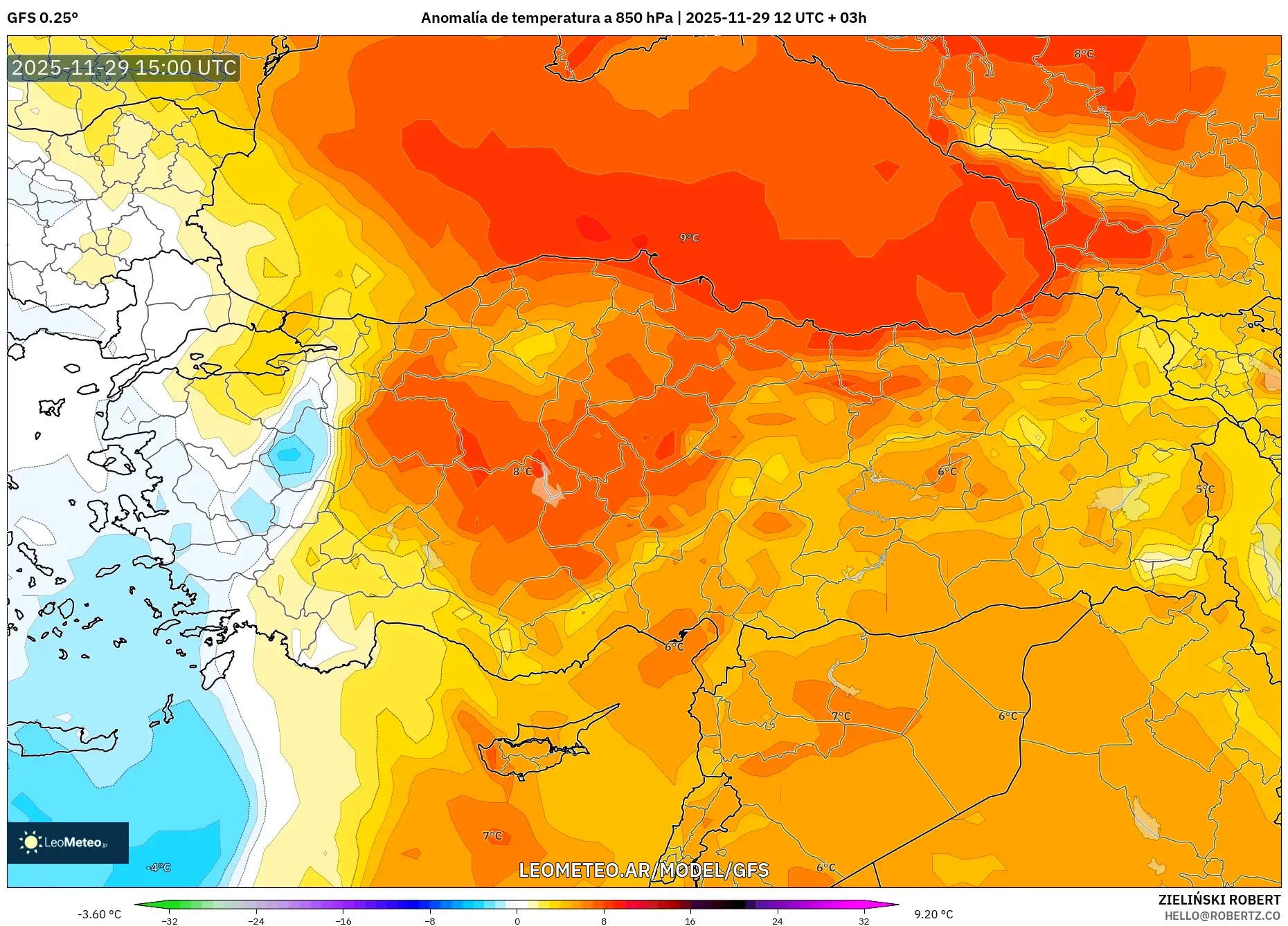 GFS model - Turquía, Anomalía de temperatura a 850 hPa