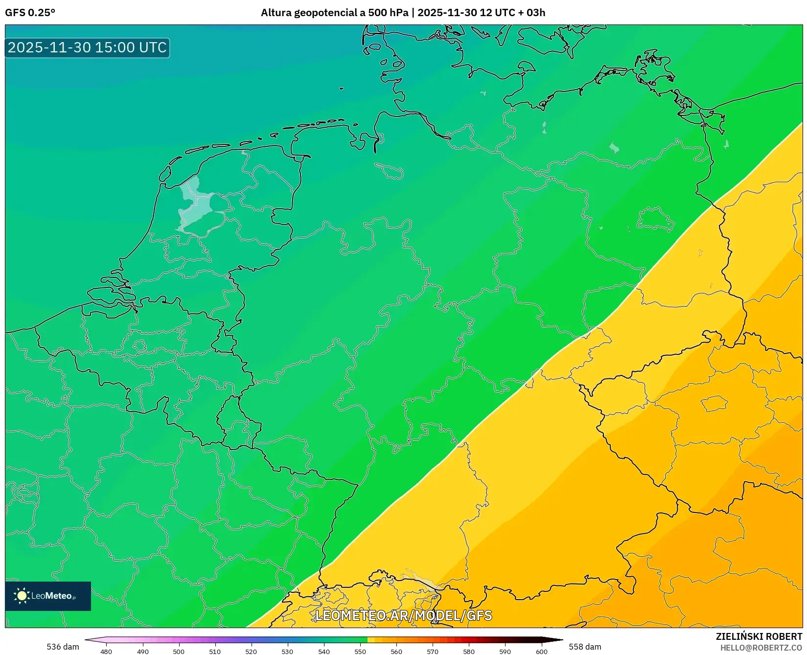 GFS model - Alemania, Altura geopotencial a 500 hPa