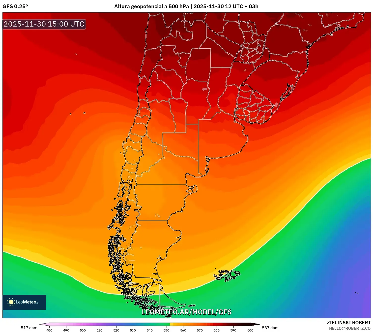 GFS model - Argentina, Altura geopotencial a 500 hPa