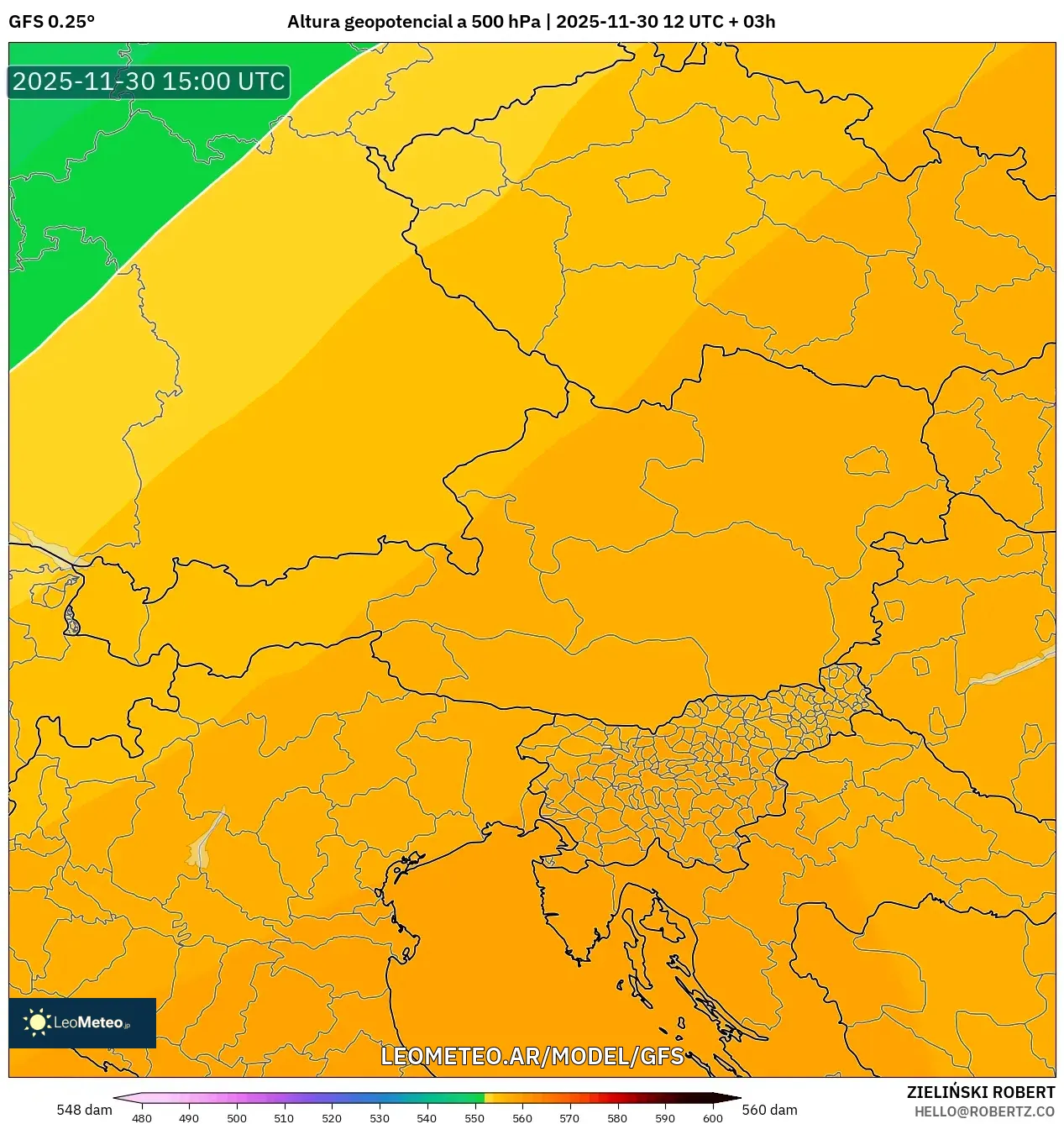 GFS model - Austria, Altura geopotencial a 500 hPa