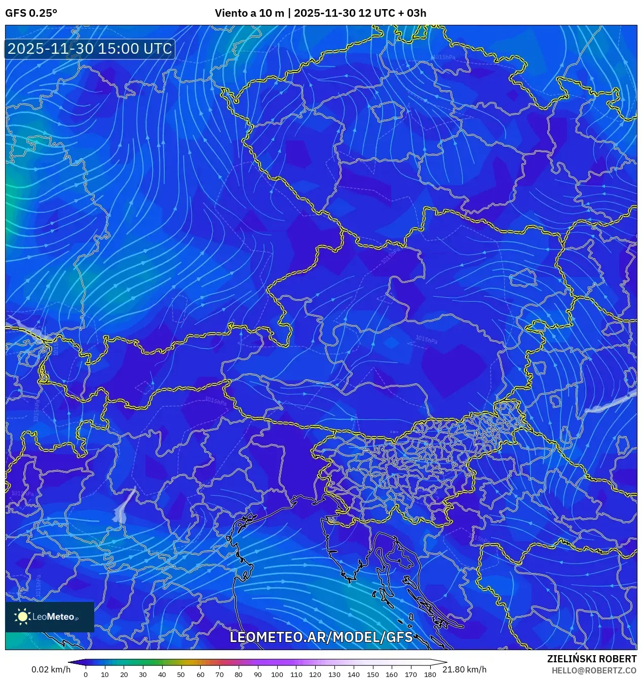 GFS model - Austria, Viento a 10 m