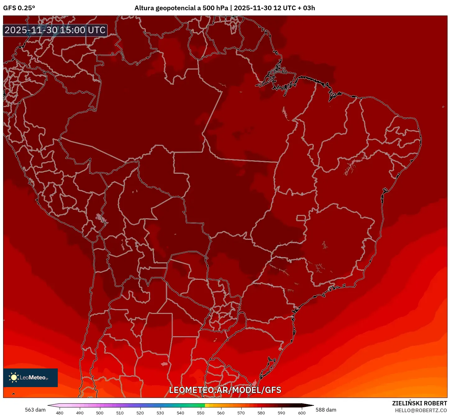 GFS model - Brasil, Altura geopotencial a 500 hPa