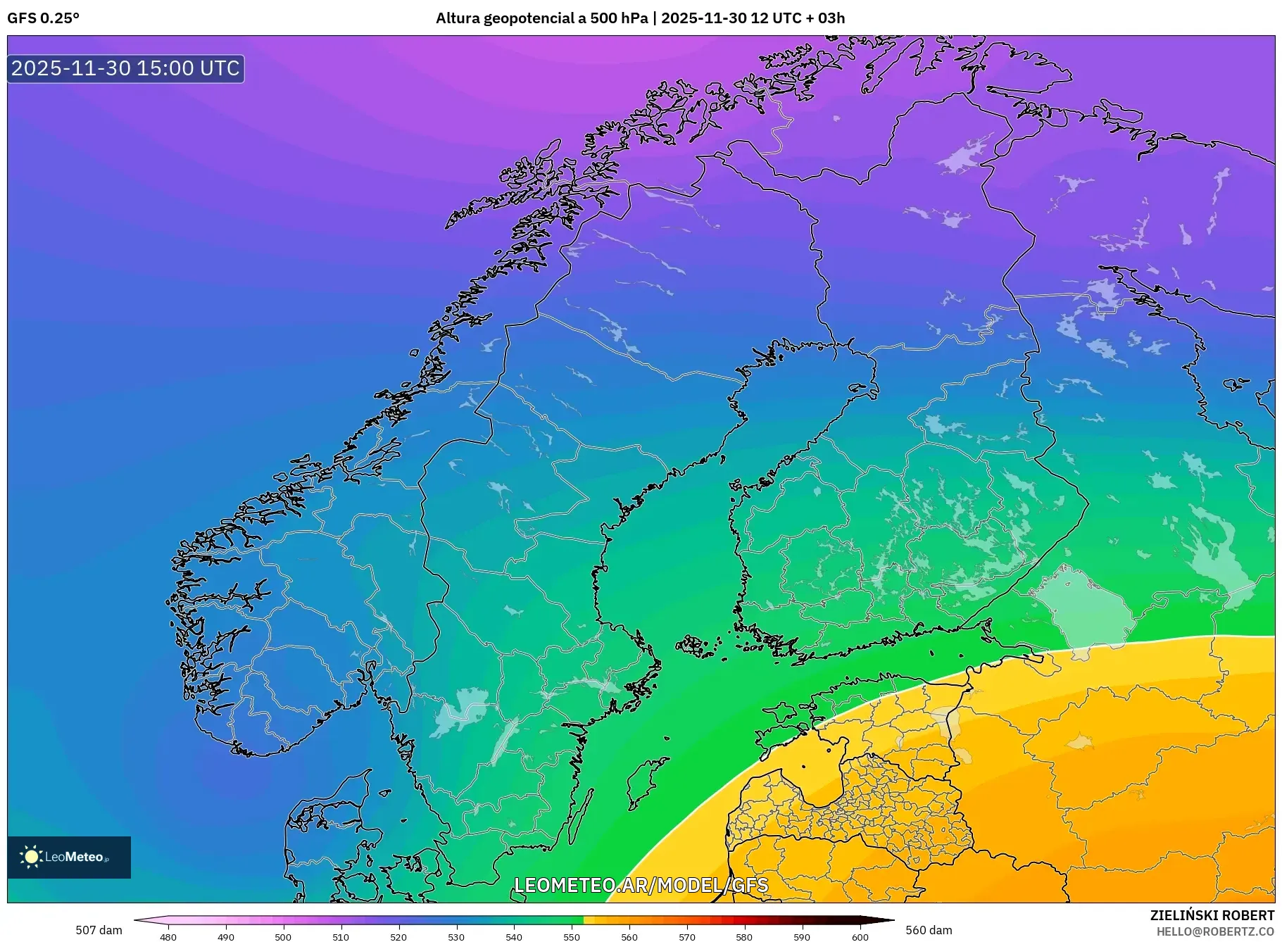GFS model - Escandinavia, Altura geopotencial a 500 hPa