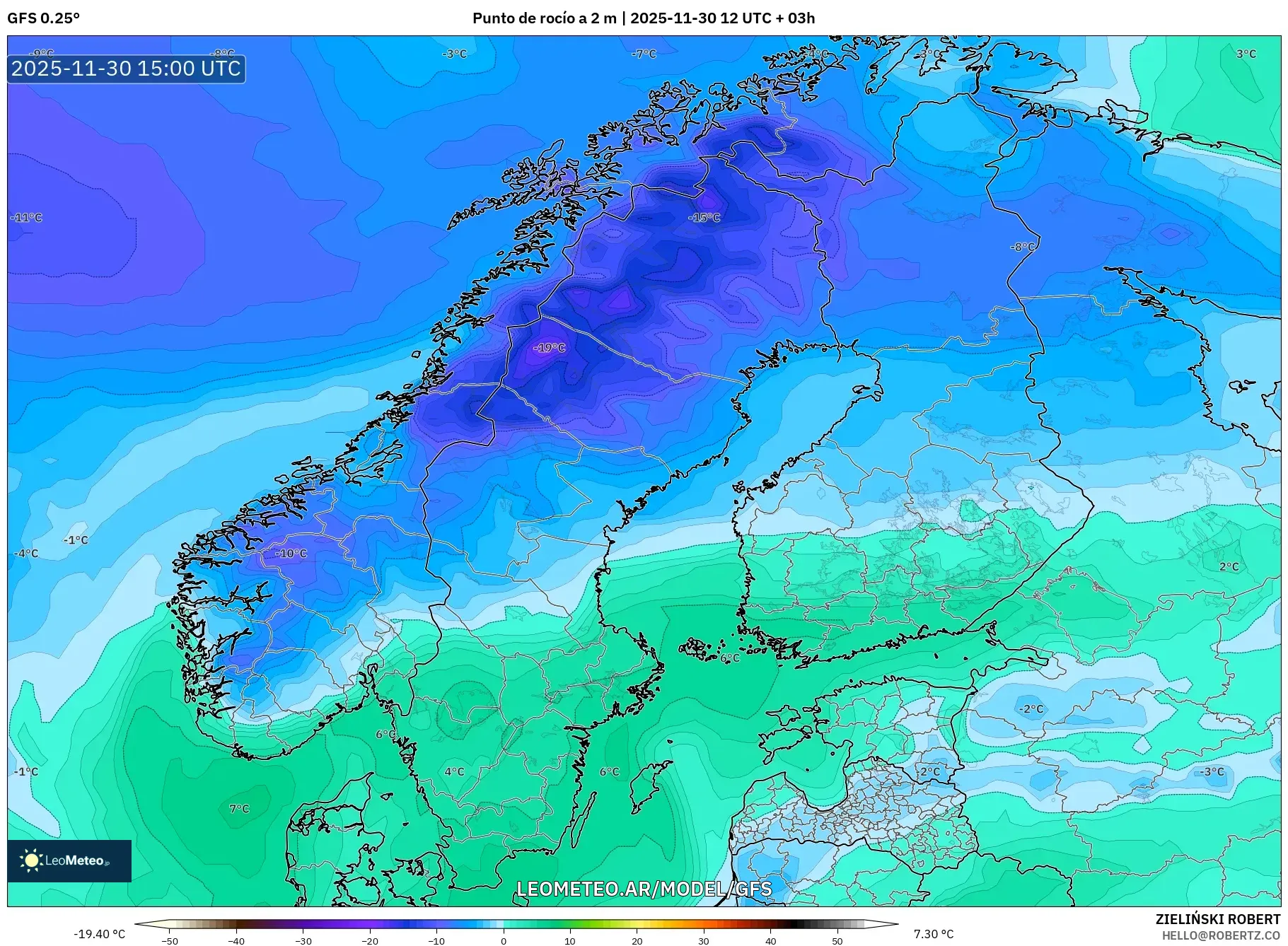 GFS model - Escandinavia, Punto de rocío a 2 m