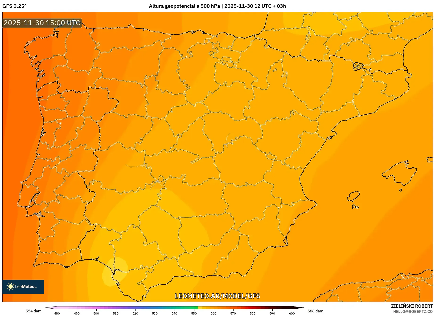 GFS model - España, Altura geopotencial a 500 hPa