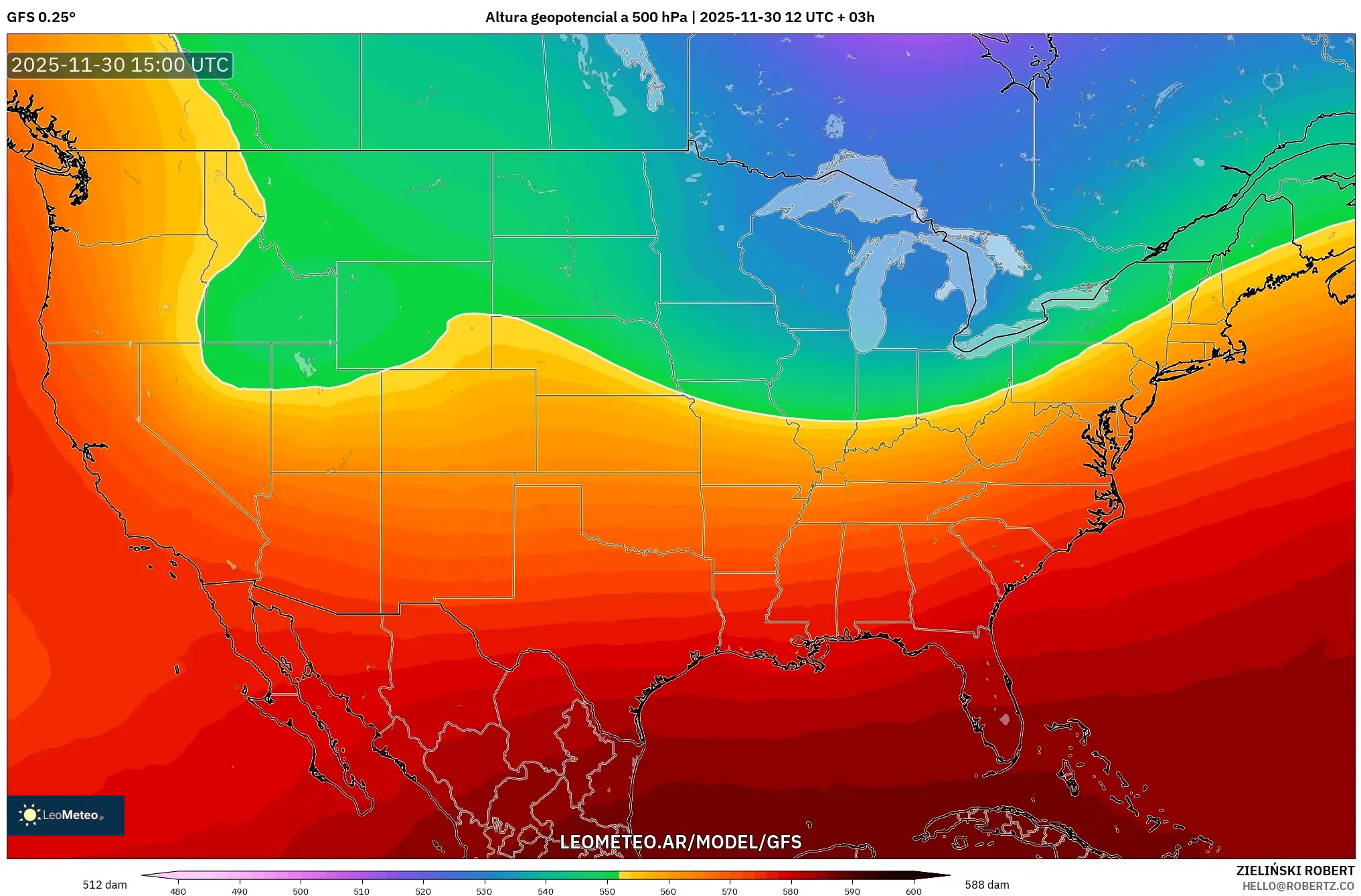 GFS model - Estados Unidos, Altura geopotencial a 500 hPa