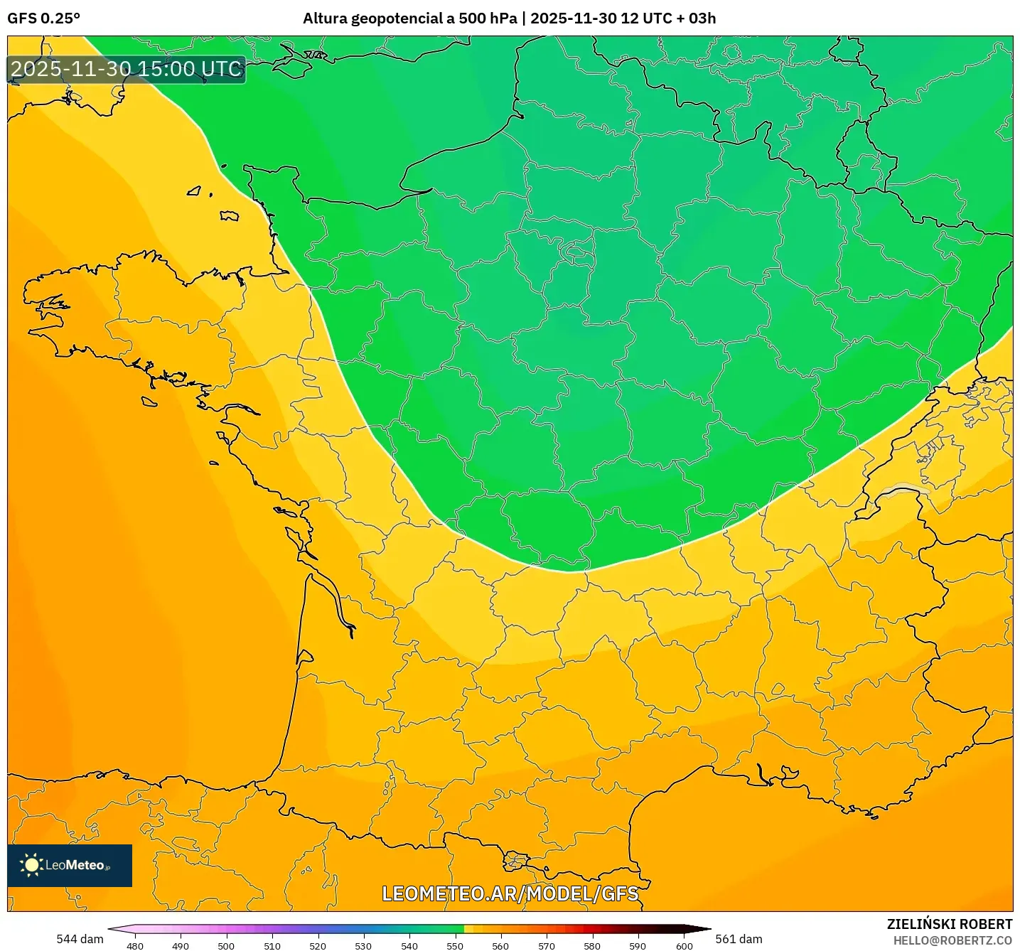 GFS model - Francia, Altura geopotencial a 500 hPa