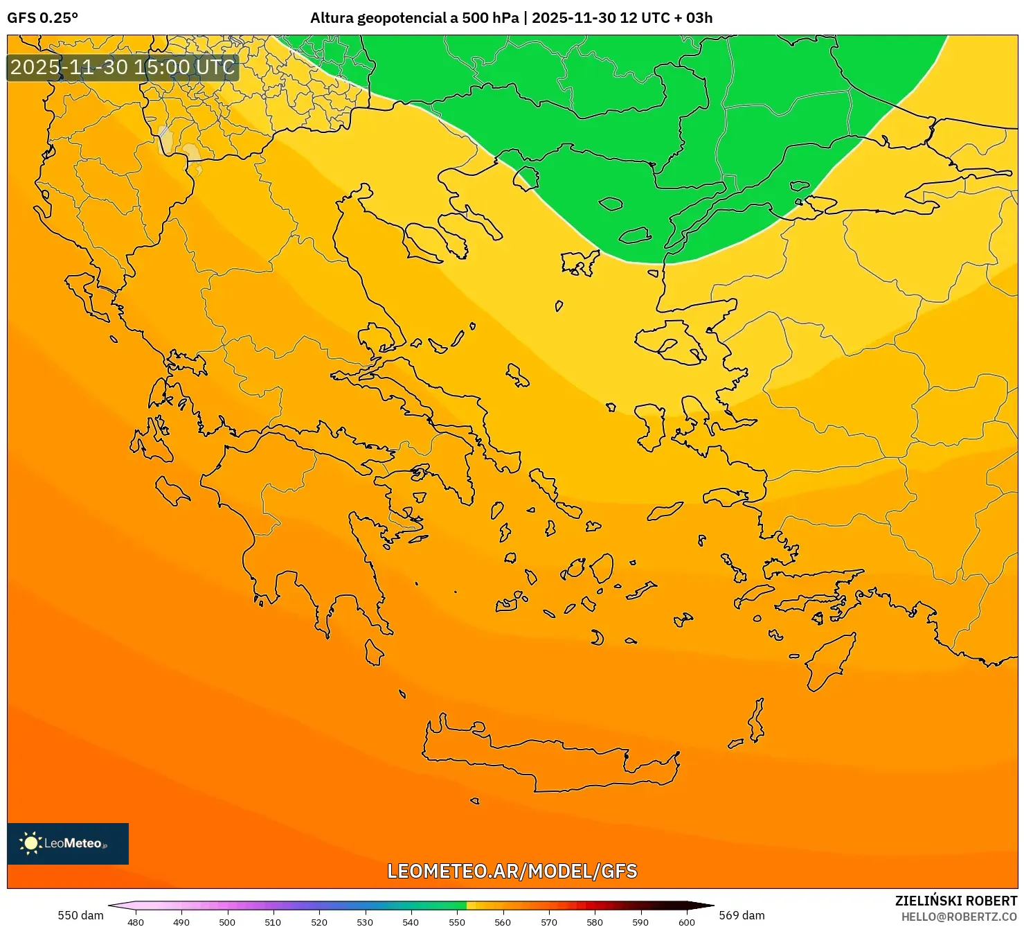 GFS model - Grecia, Altura geopotencial a 500 hPa