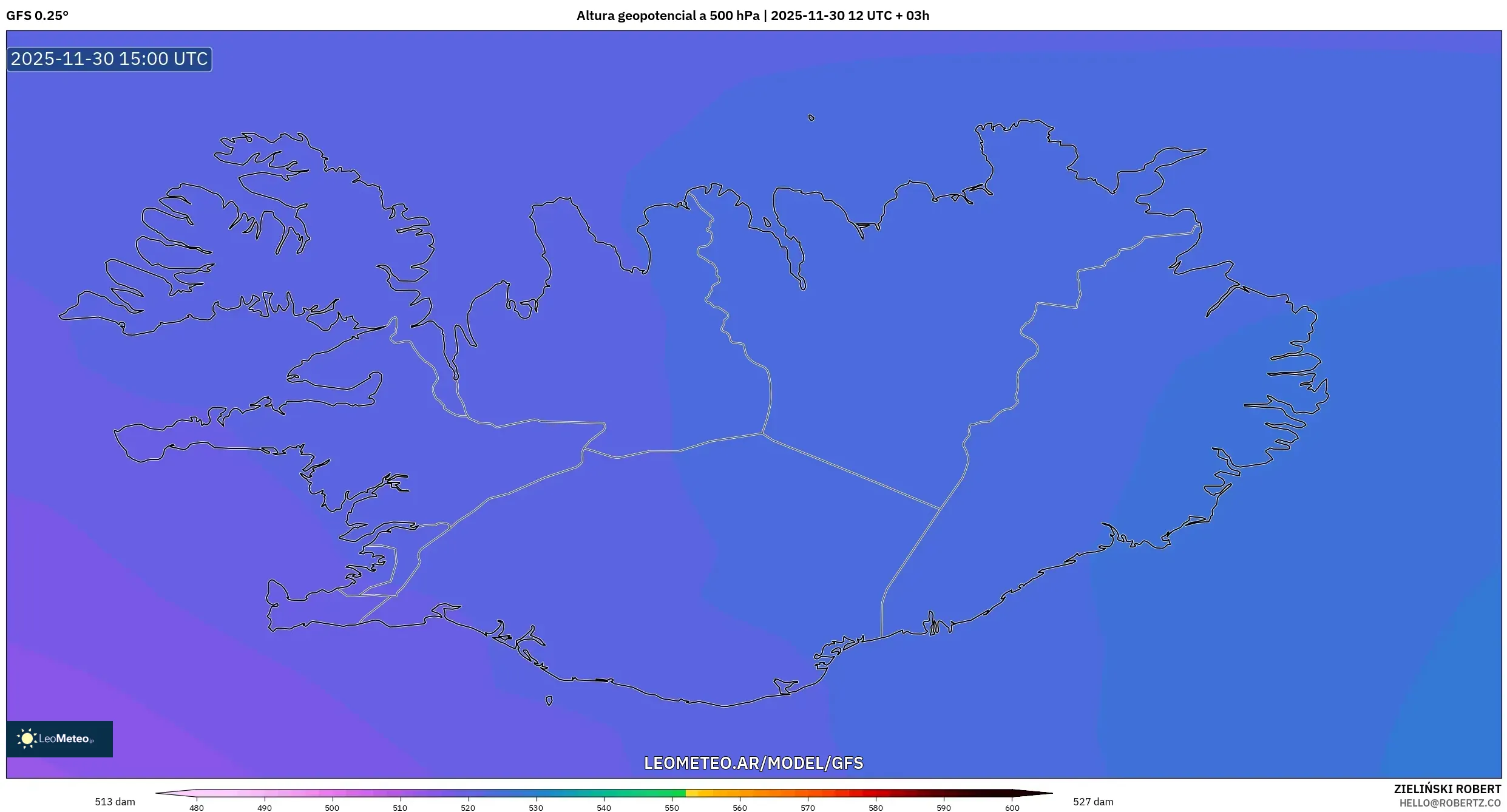 GFS model - Islandia, Altura geopotencial a 500 hPa