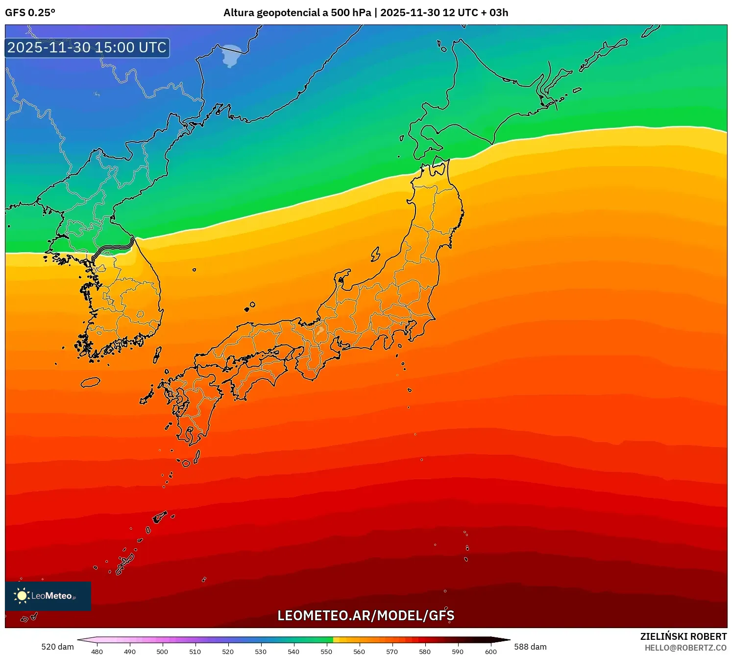 GFS model - Japón, Altura geopotencial a 500 hPa