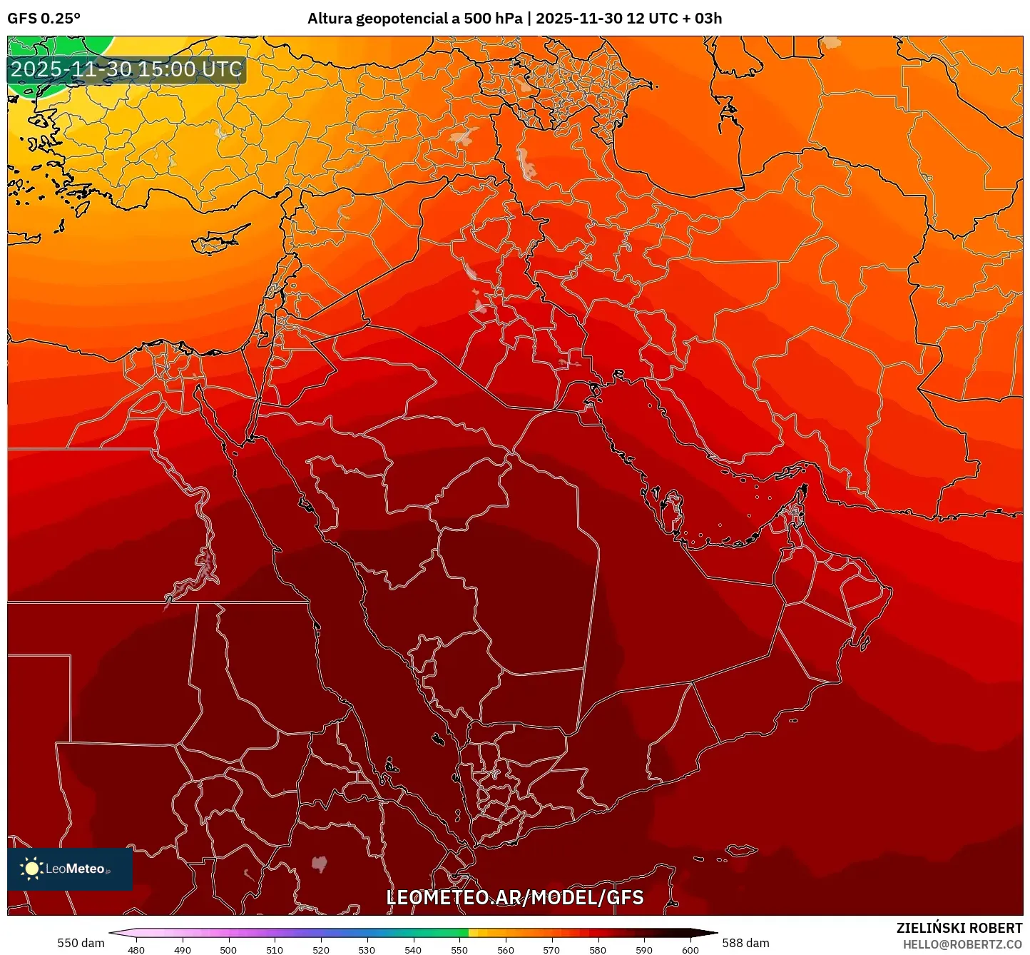 GFS model - Oriente Medio, Altura geopotencial a 500 hPa