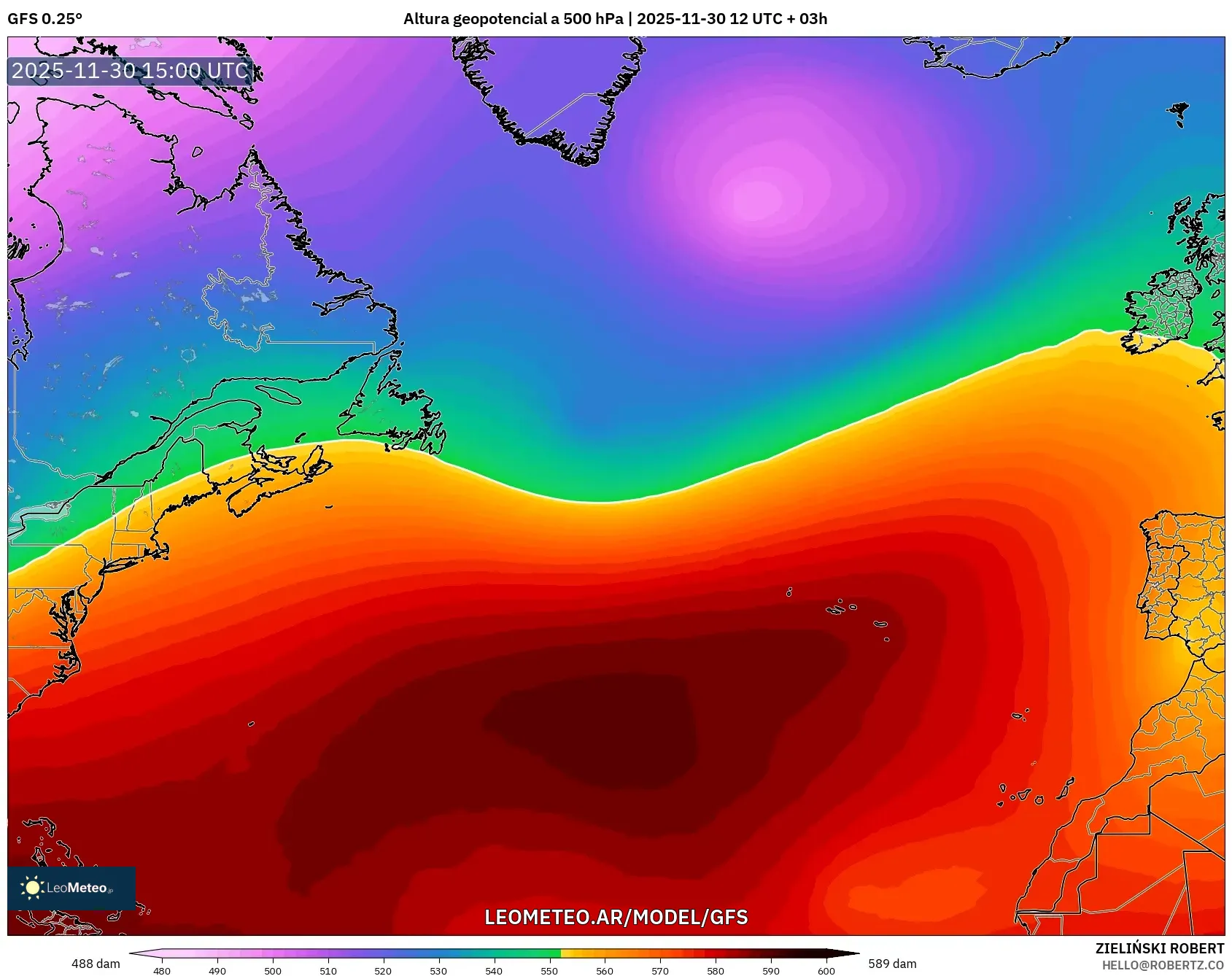 GFS model - Norte Atlántico, Altura geopotencial a 500 hPa