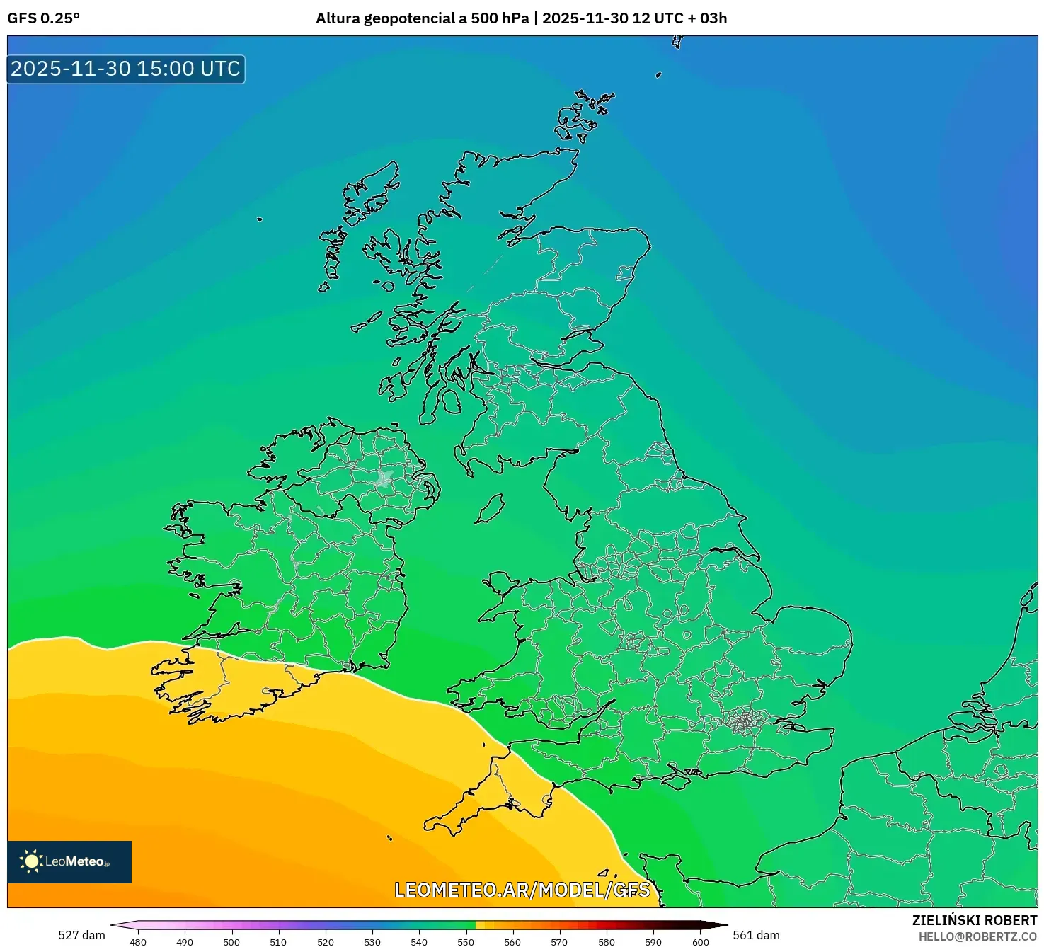 GFS model - Reino Unido, Altura geopotencial a 500 hPa