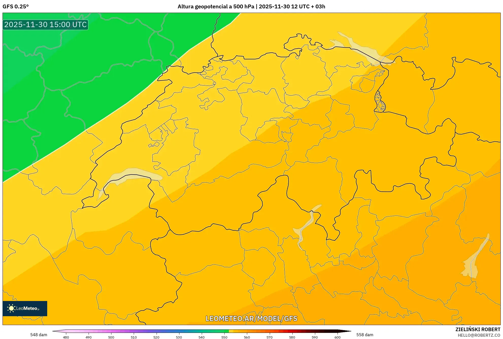 GFS model - Suiza, Altura geopotencial a 500 hPa