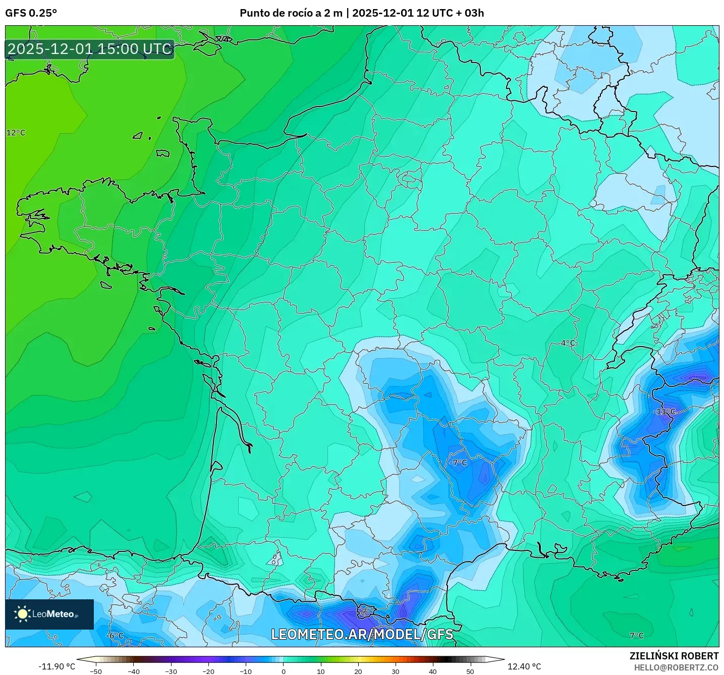 GFS model - Francia, Punto de rocío a 2 m