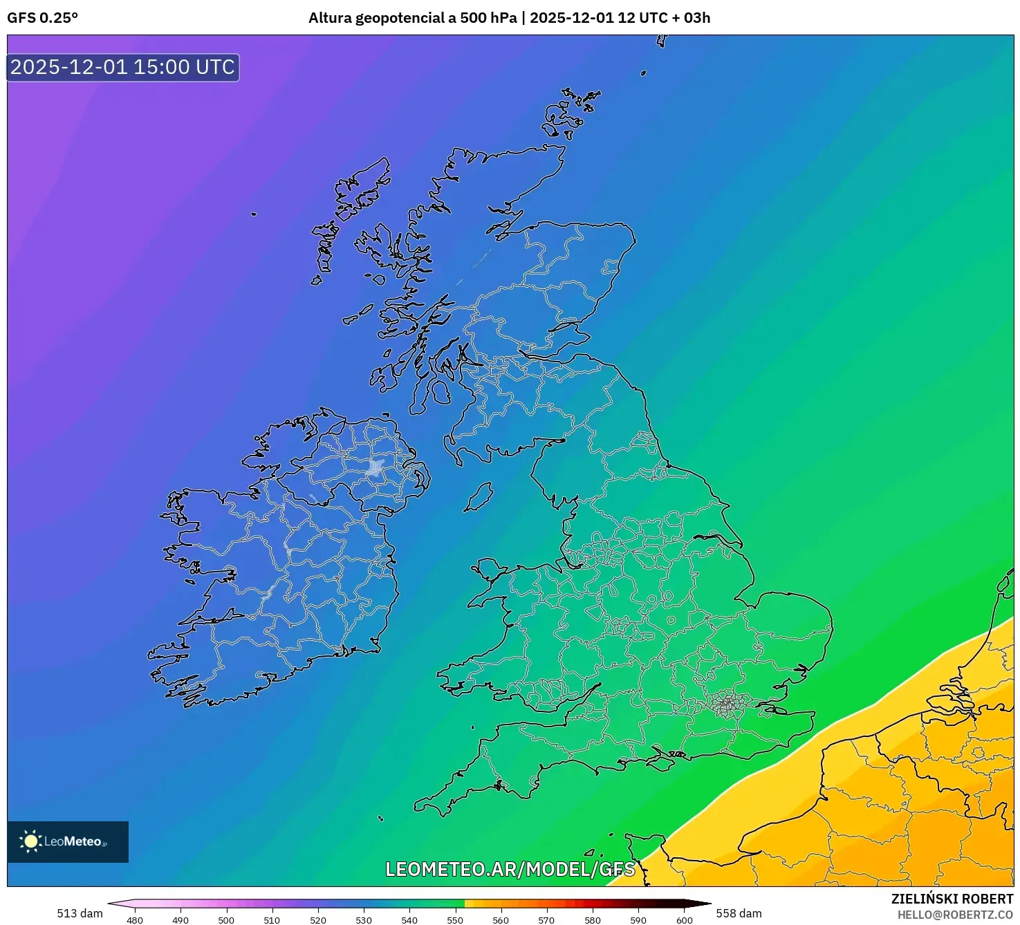 GFS model - Reino Unido, Altura geopotencial a 500 hPa