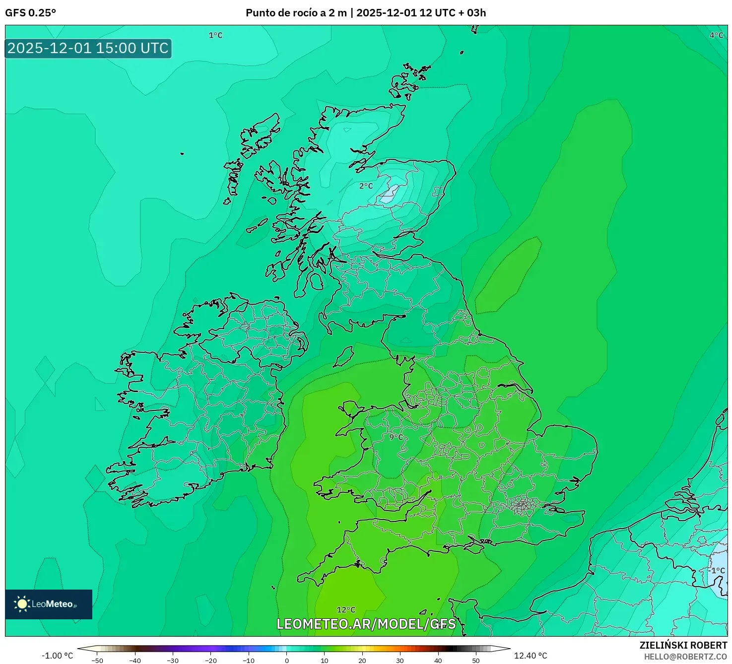GFS model - Reino Unido, Punto de rocío a 2 m