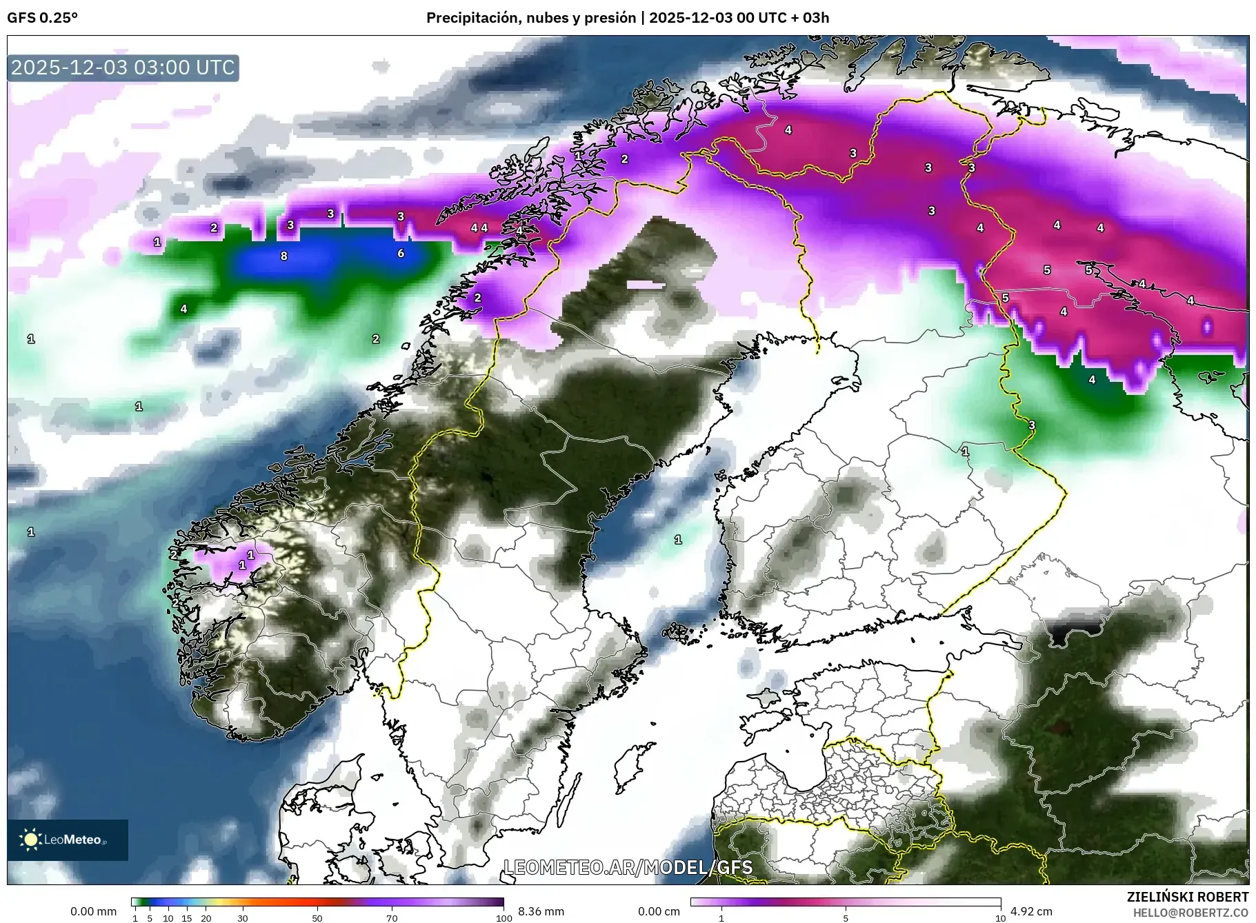 GFS model - Escandinavia, Precipitación, nubes y presión