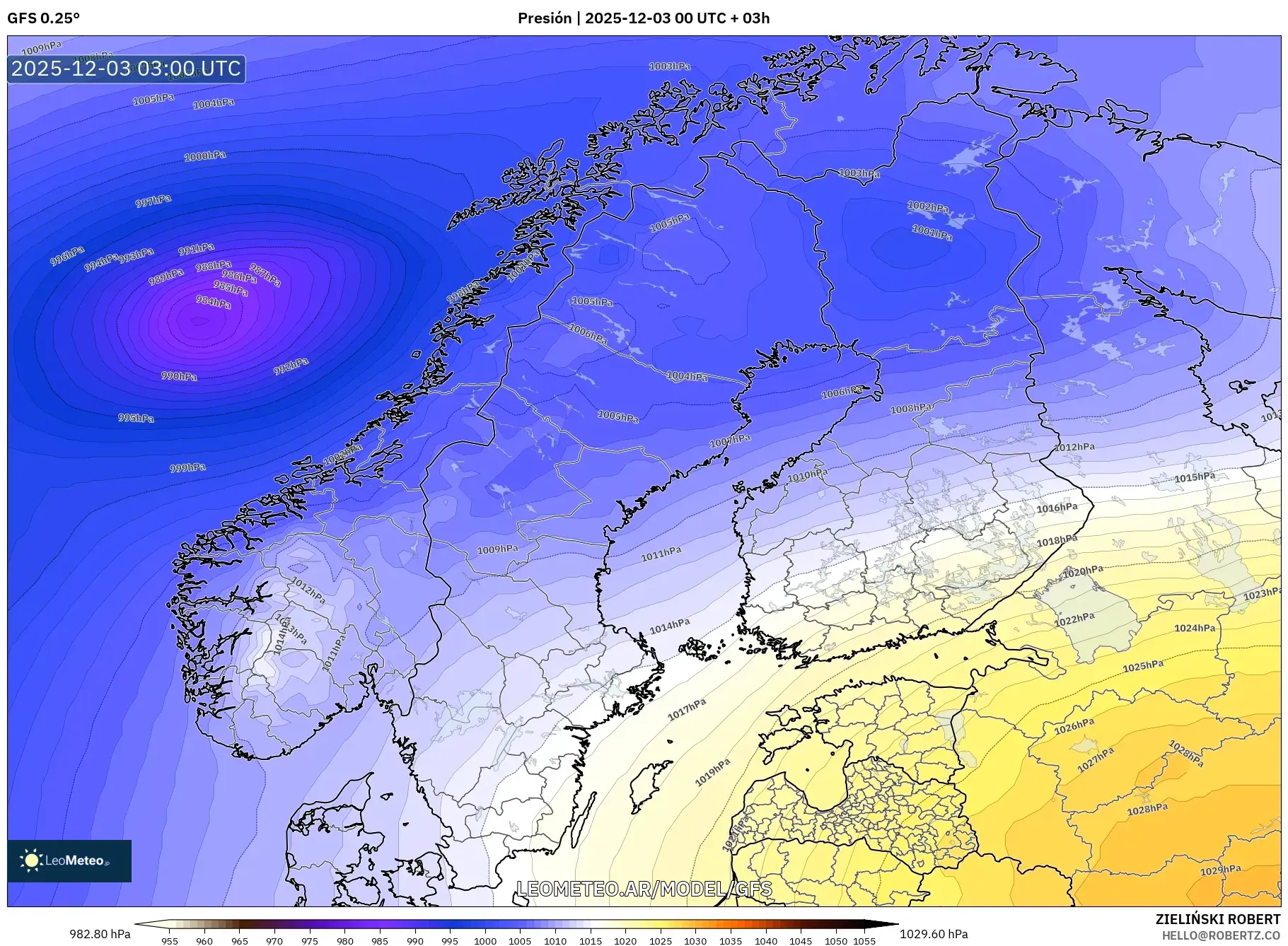 GFS model - Escandinavia, Presión