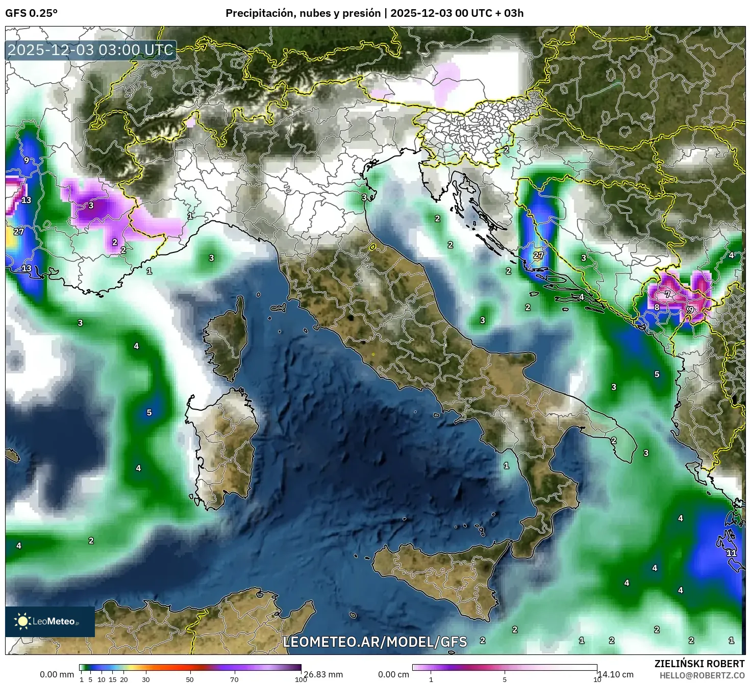 GFS model - Italia, Precipitación, nubes y presión