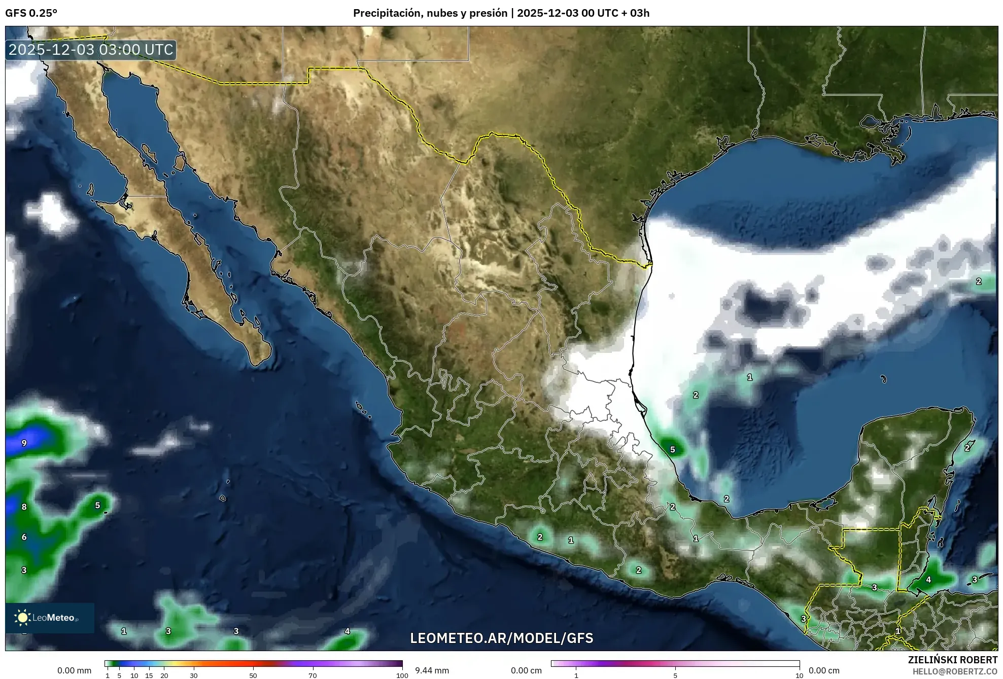 GFS model - México, Precipitación, nubes y presión
