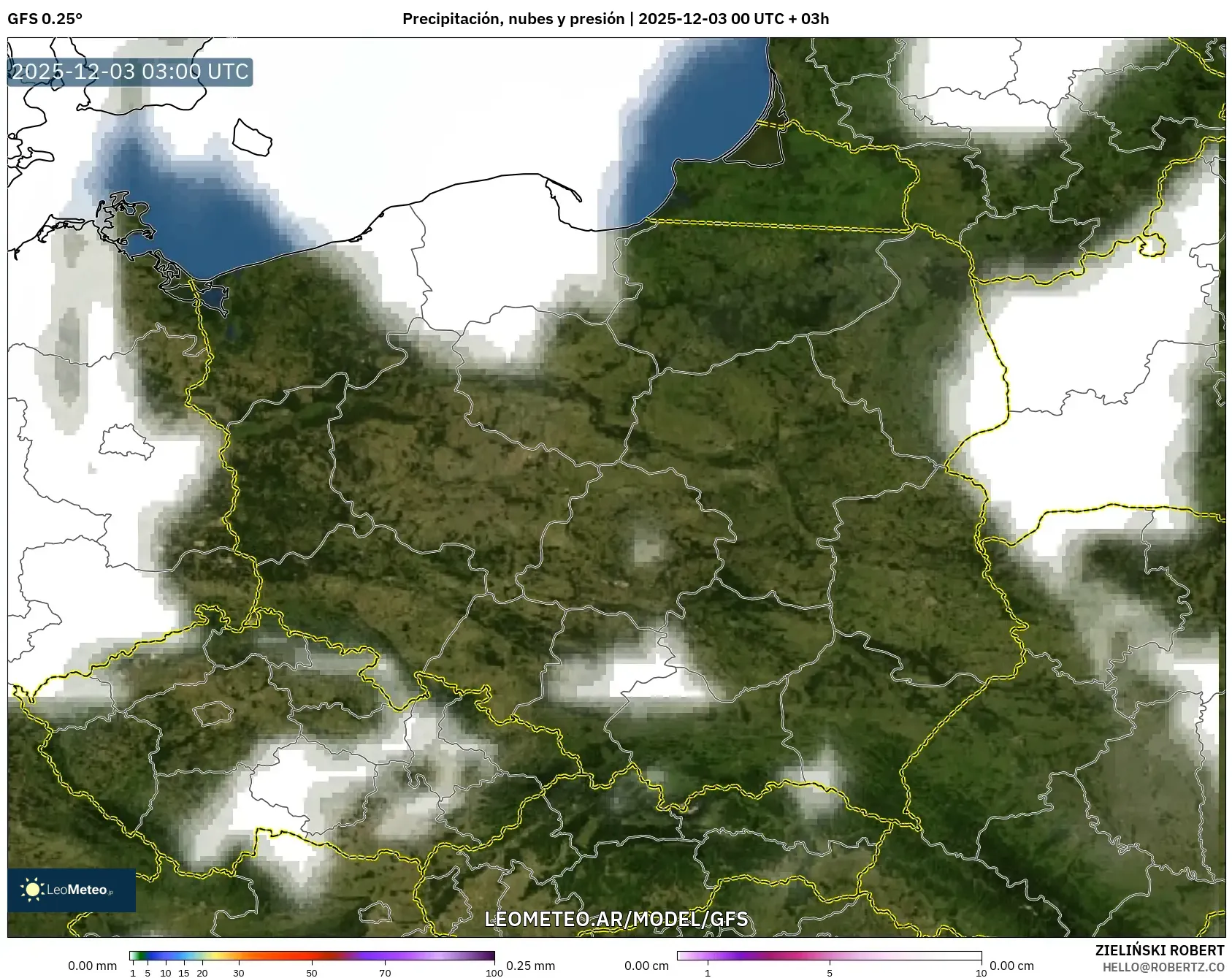 GFS model - Polonia, Precipitación, nubes y presión