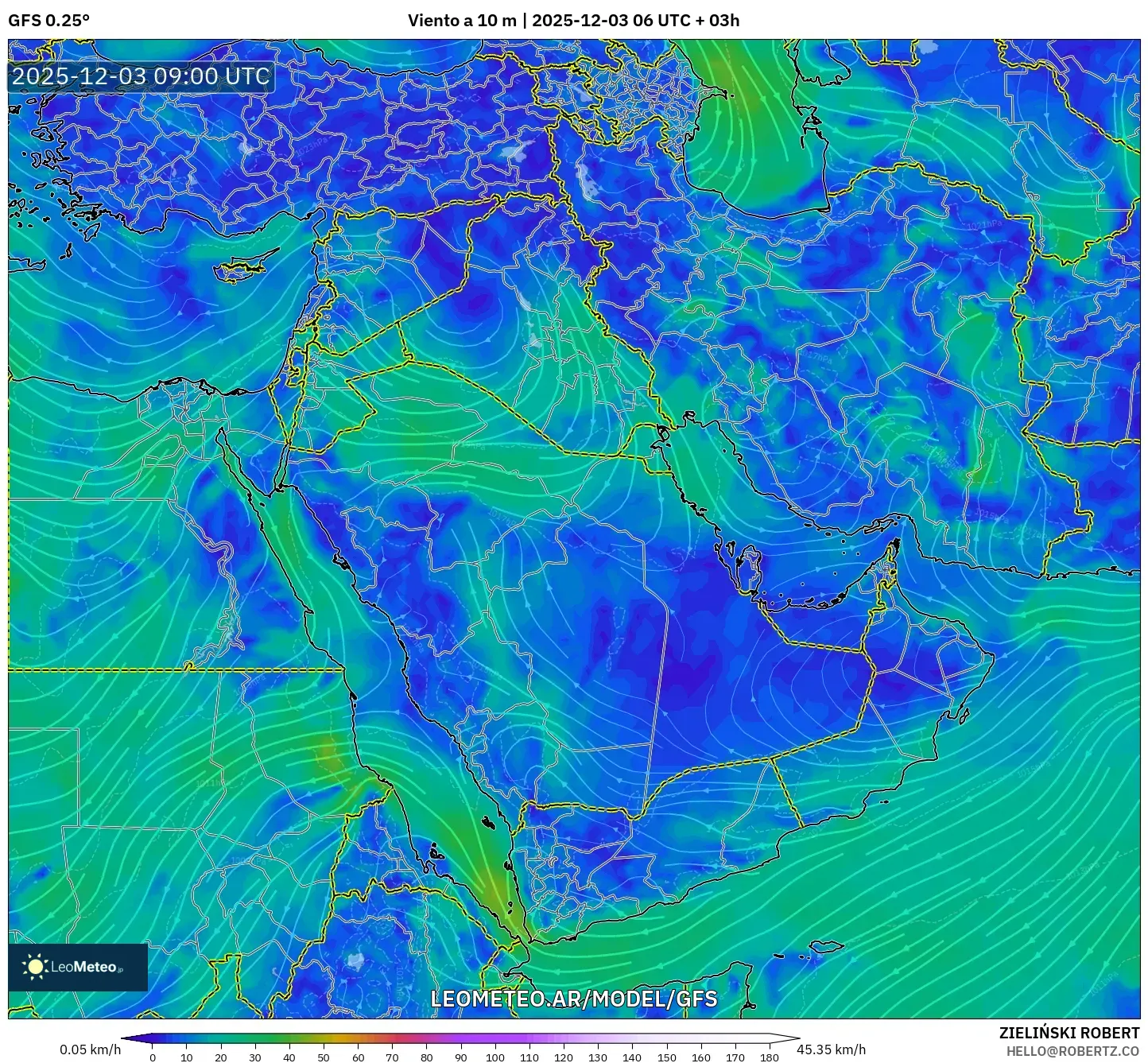 GFS model - Oriente Medio, Viento a 10 m