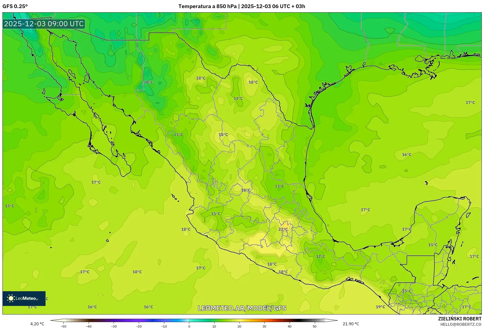 GFS model - México, Temperatura a 850 hPa