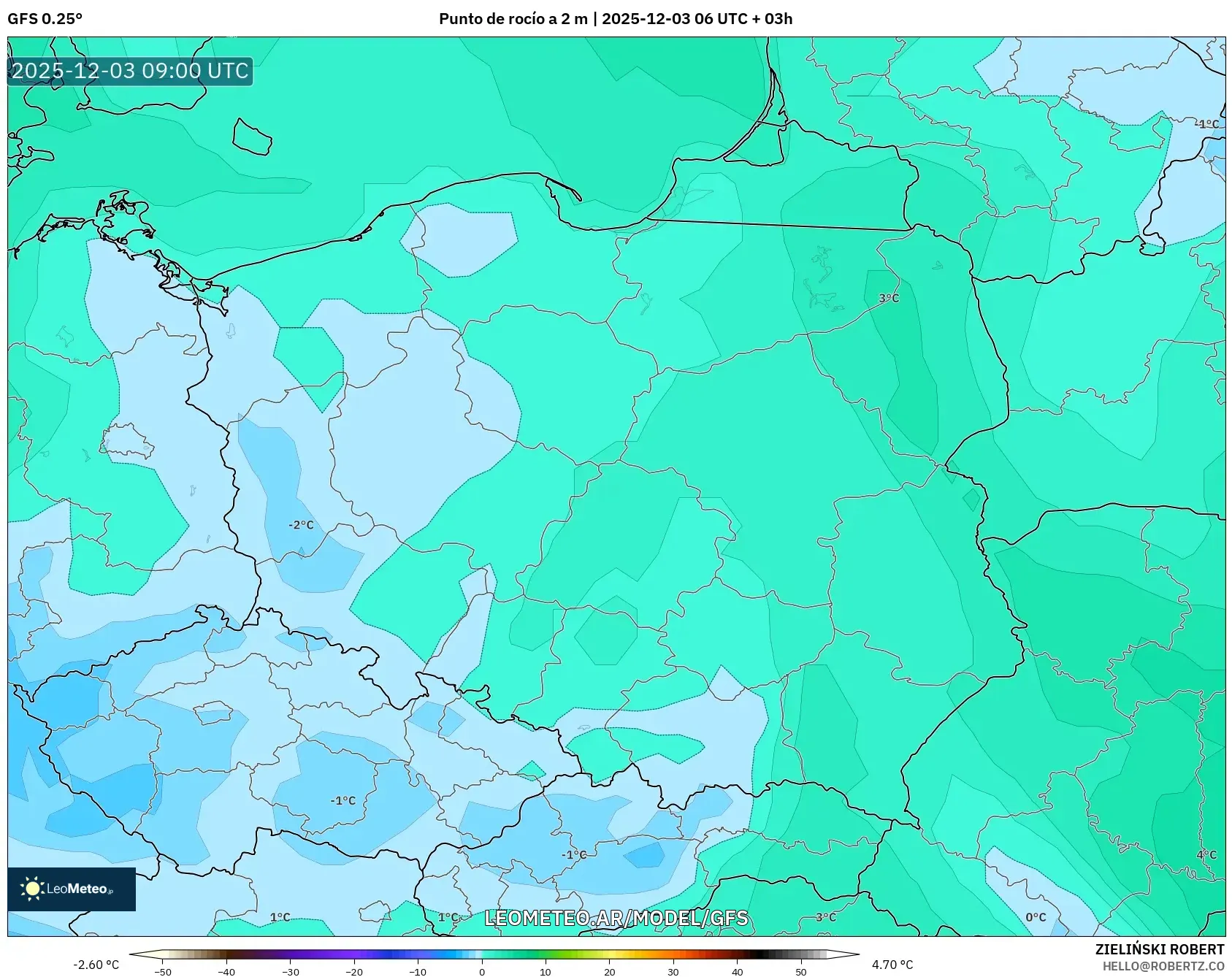 GFS model - Polonia, Punto de rocío a 2 m