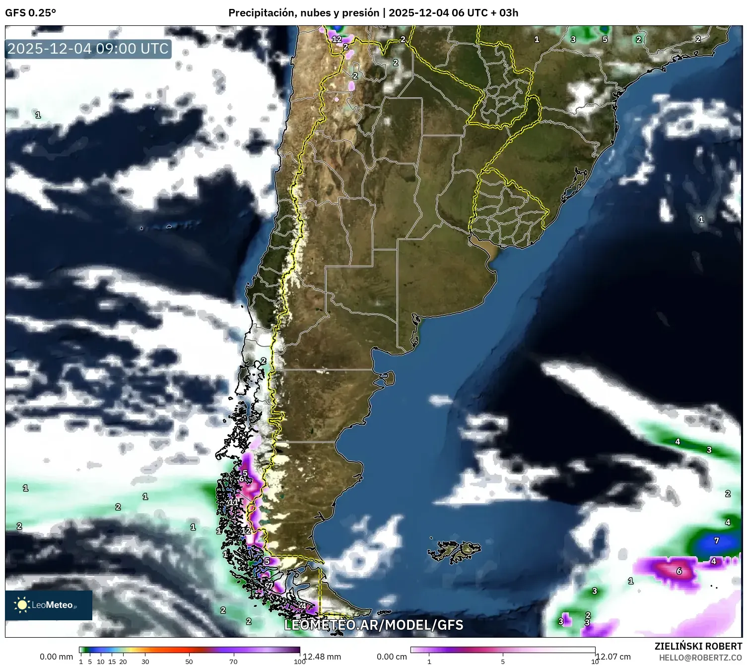 GFS model - Argentina, Precipitación, nubes y presión